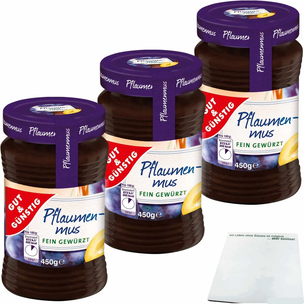 Gut& Pflaumenmus fein gewürzt 3er Pack (3x450g Glas) + usy Block