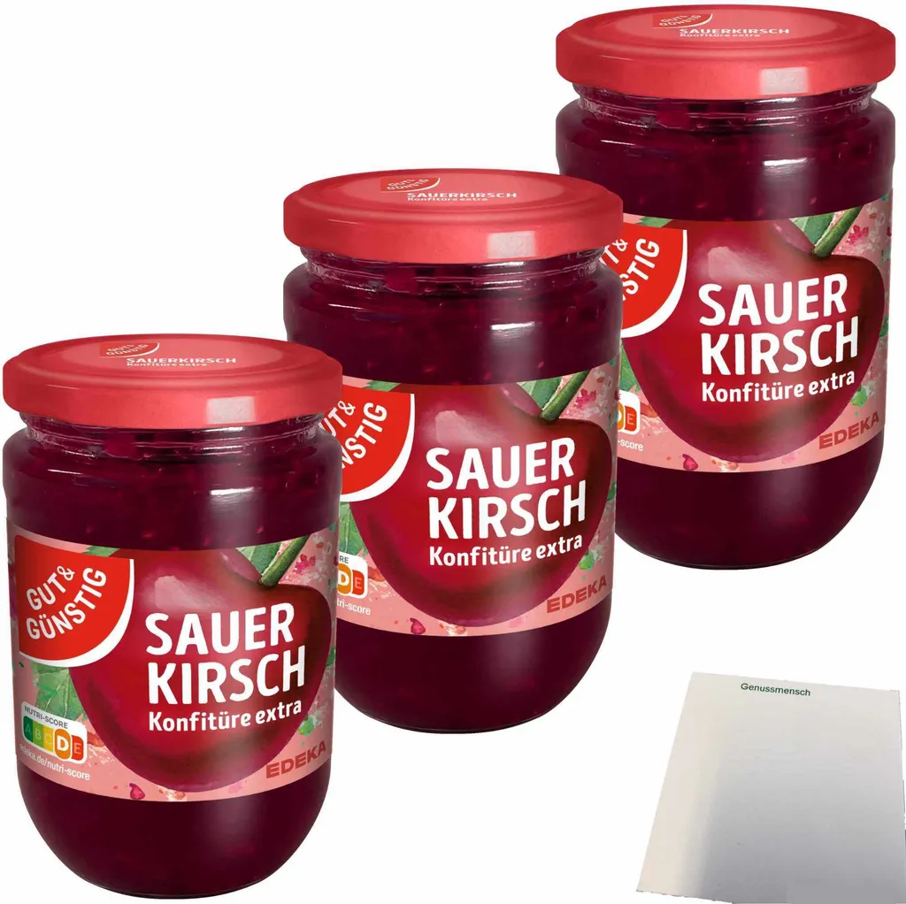 Gut& Sauerkirsch Konfitüre Extras 3er Pack (3x450g Glas) + usy Block