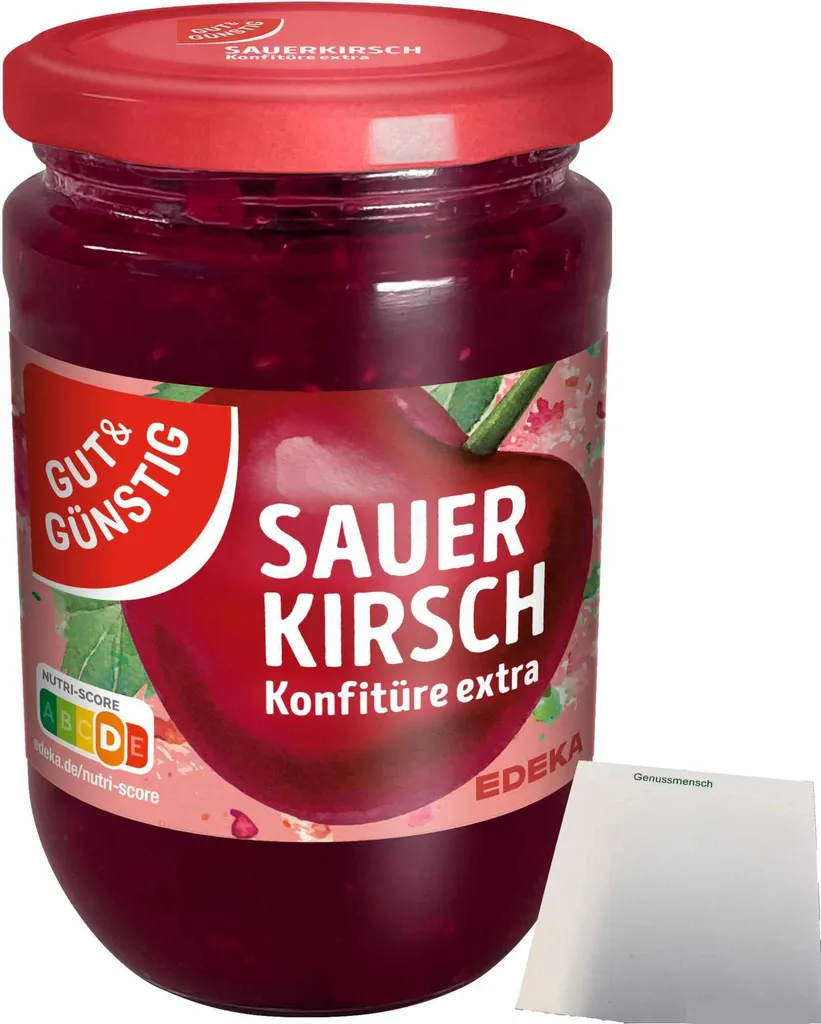 Gut& Sauerkirsch Konfitüre Extras (450g Glas) + usy Block