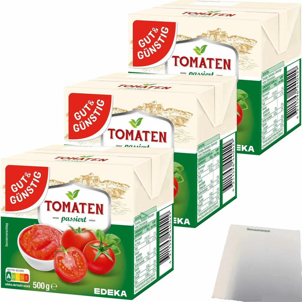 Gut& Tomato puree in practical cardboard packaging 3-pack (3x500g pack) + usy block