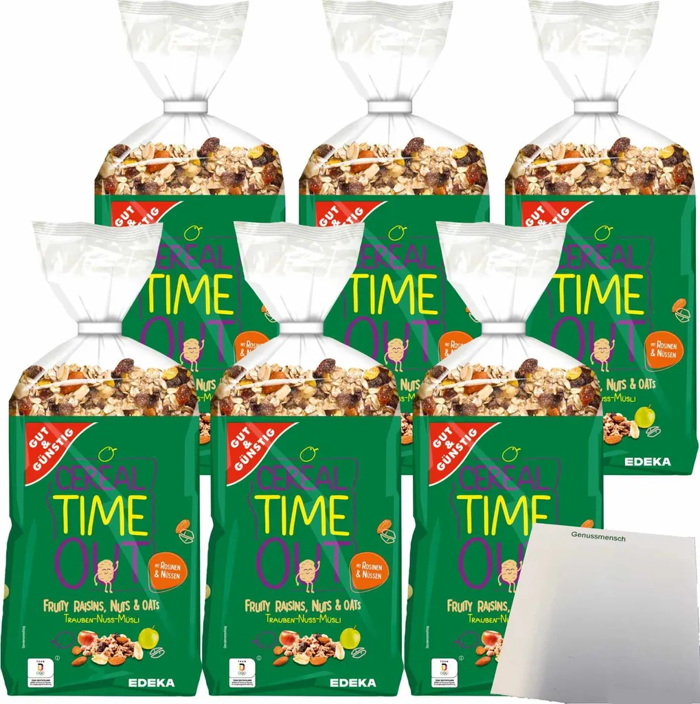 Gut& Traube-Nuss-Müsli mit Rosinen und Nüssen aus Vollkornflocken 6er Pack (6x1000g Packung) + usy Block