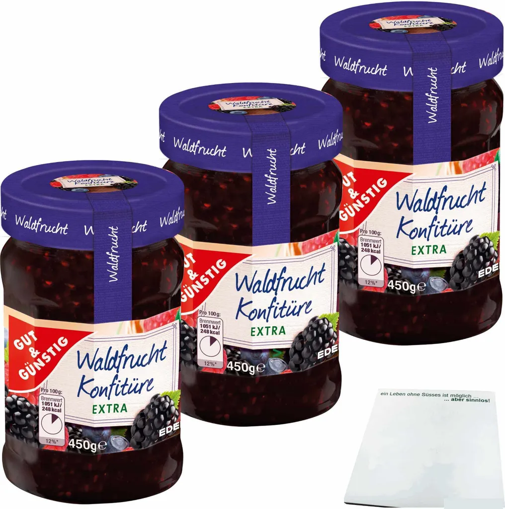 Gut& Waldfrucht Konfitüre extra mit 50% Frucht 3er Pack (3x450g Glas) + usy Block