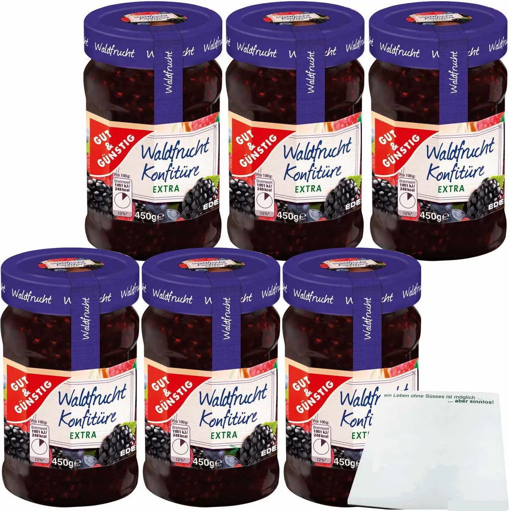 Gut& Waldfrucht Konfitüre extra mit 50% Frucht 6er Pack (6x450g Glas) + usy Block