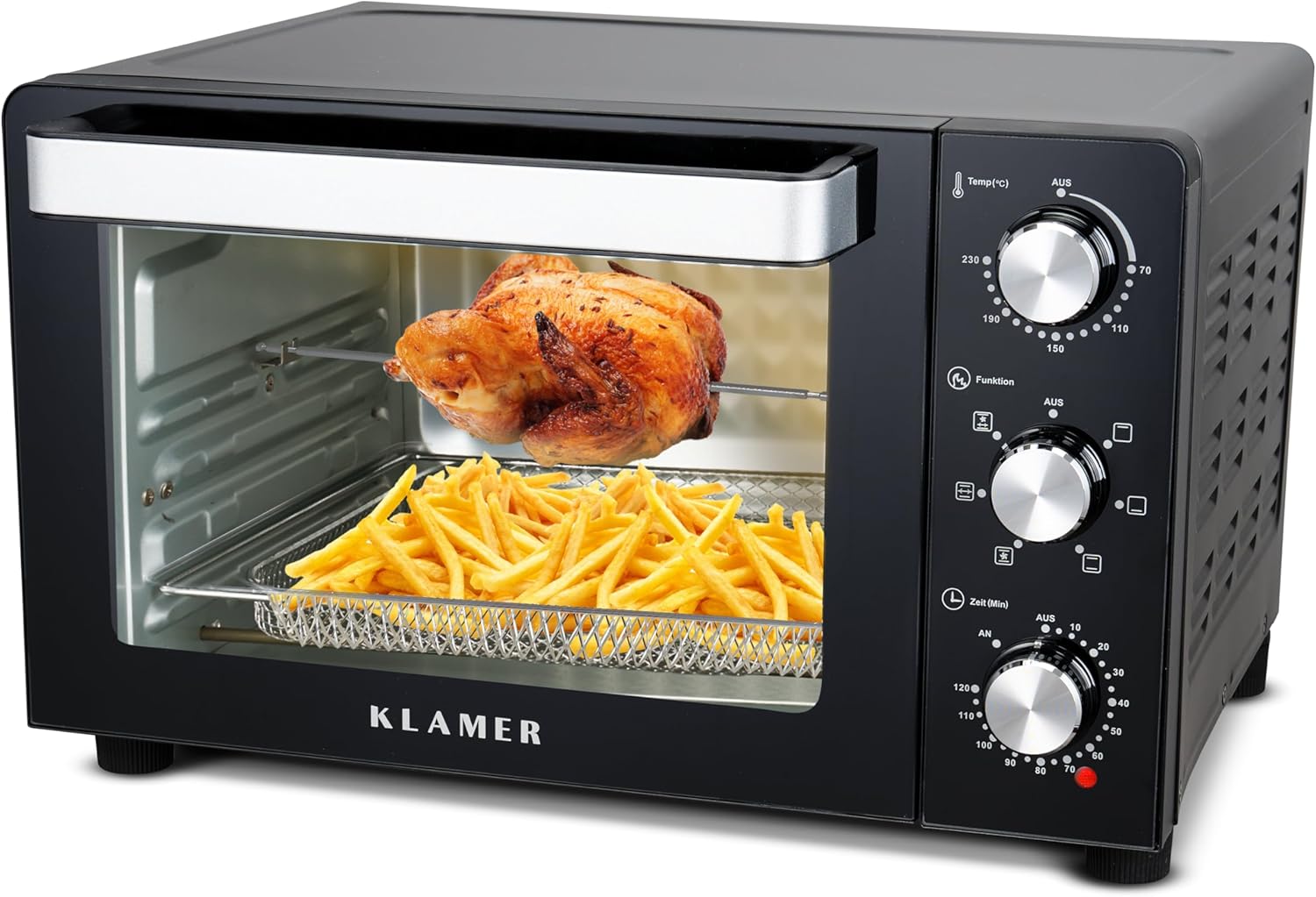 KLAMER Mini Oven with Convection Air (30 Liters), 6 Baking Functions, 70-230 °C, 120 Minutes Timer, Mini Oven with Rotisserie Spit, Grill Rack, Grill Grate and Crumb Tray, 1,500 W, Pizza Diameter 30
