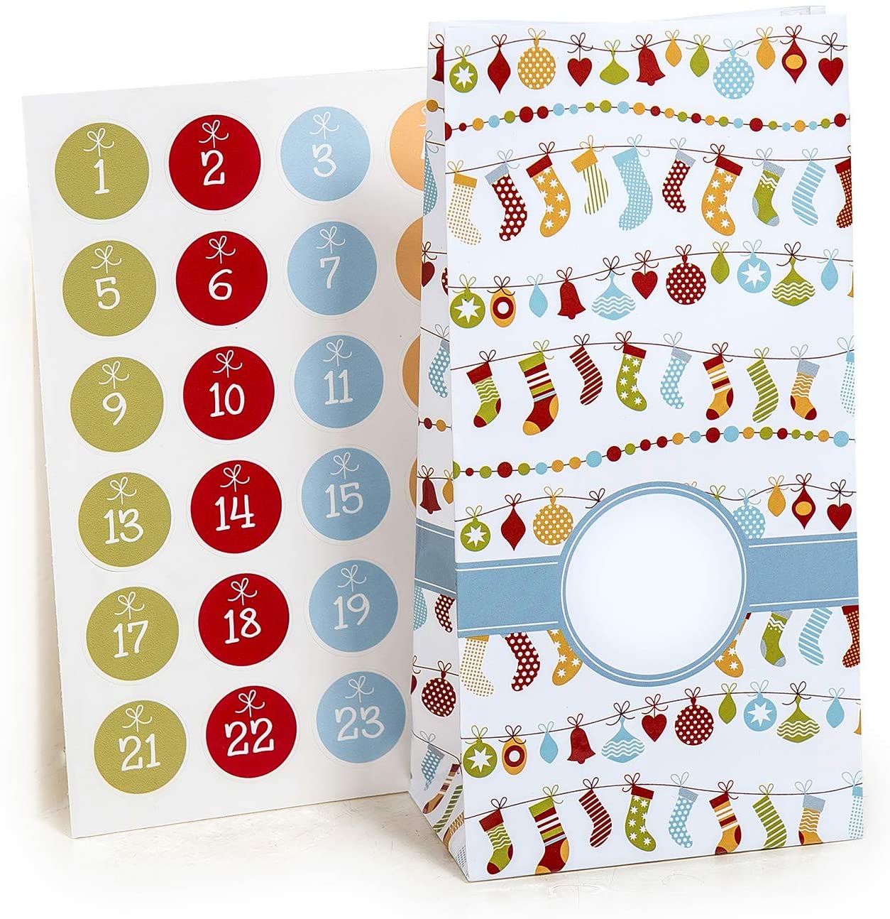 Pajoma Advent Calendar, Numerous Variations Available, 1 x 24 Individually Fillable Bags, Includes Christmas Number Stickers, 10 x 20 cm