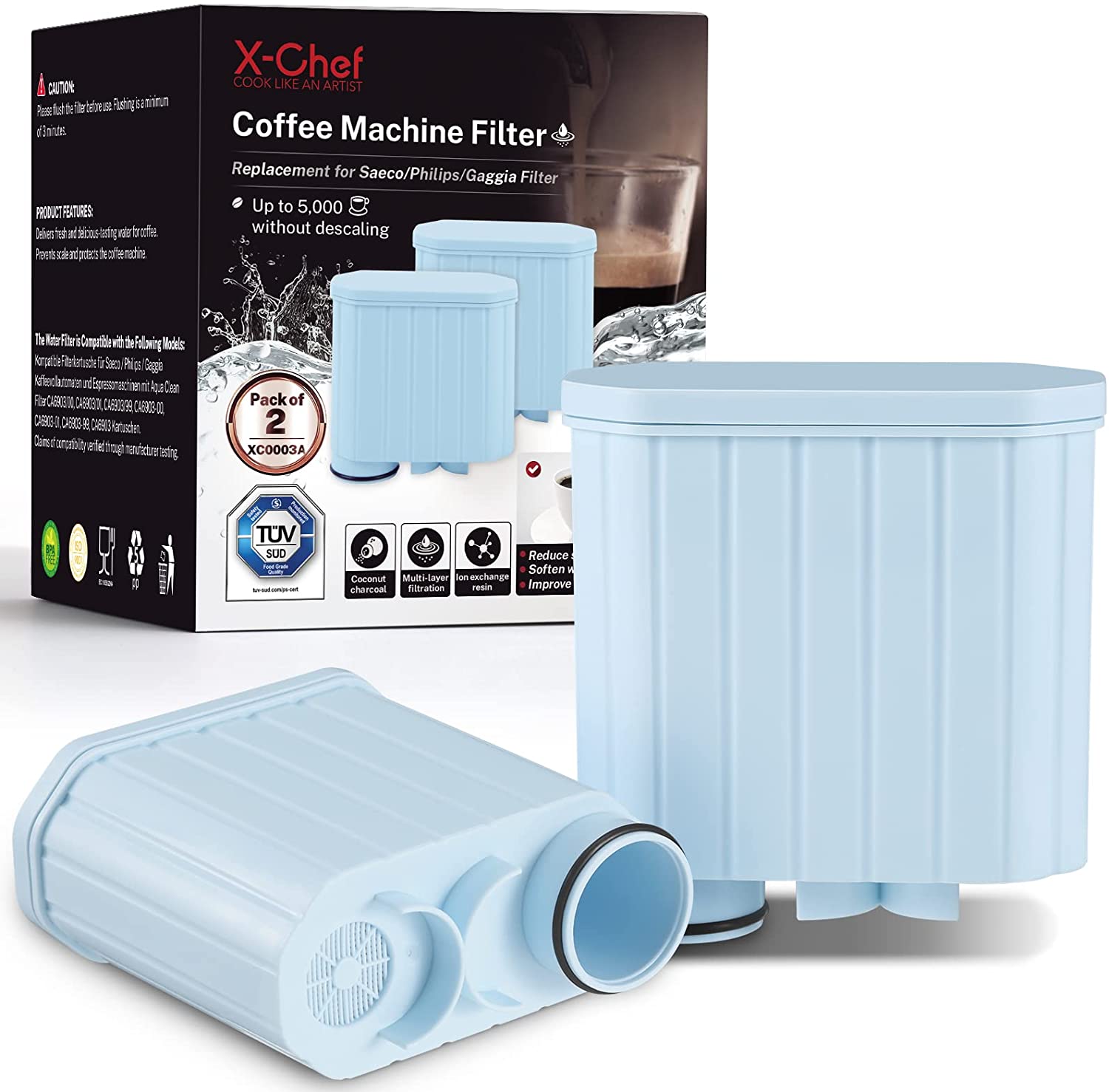 X-Chef Pack of 2 AquaClean Water Filters for Philips CA6903 Fully Automatic Coffee Machine TÜV SÜD Certified Replacement Water Filter Compatible with Philips Latte Go, Saeco Fully Automatic Coffee Machines with AquaClean System