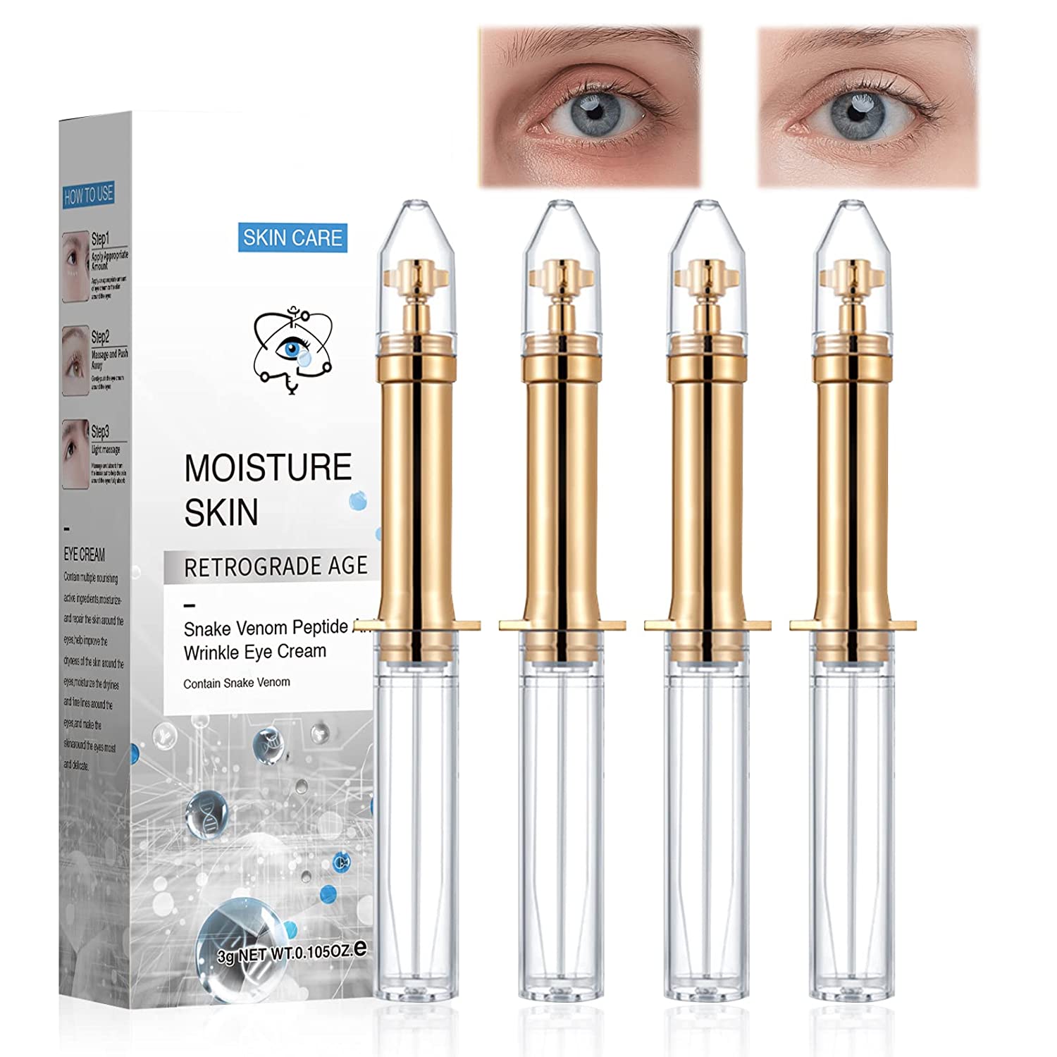 hasaika Snake Venom Peptide Anti-Wrinkle Eye Cream, Moisturising Eye Cream for Eye Wrinkles, Tear Bags, Dark Circles, Pack of 4