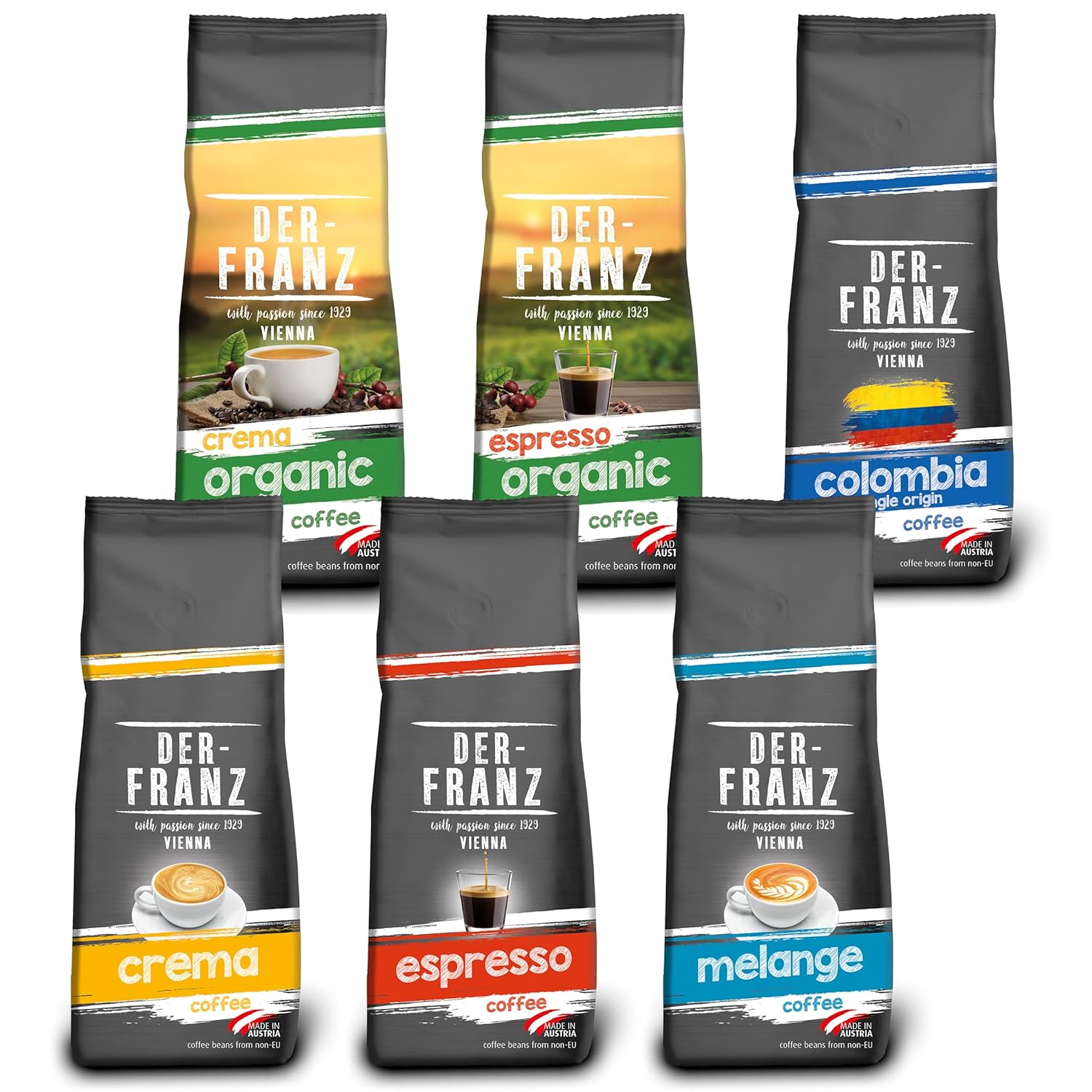 Der-Franz Coffee Pack, Whole Bean, 6 x 500 g (1 x Crema, 1 x Espresso, 1 x Melange, 1 x Colombia, 1 x Espresso Organic, 1 x Crema Organic)