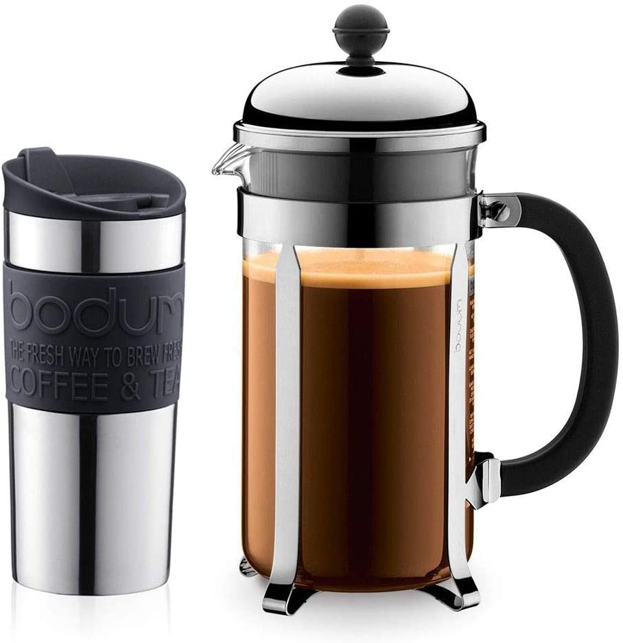 Bodum 1.0 Litre Stainless Steel Chambord Set Coffee Maker 8 Cup and 0.35 Lire Vacuum Travel Mug