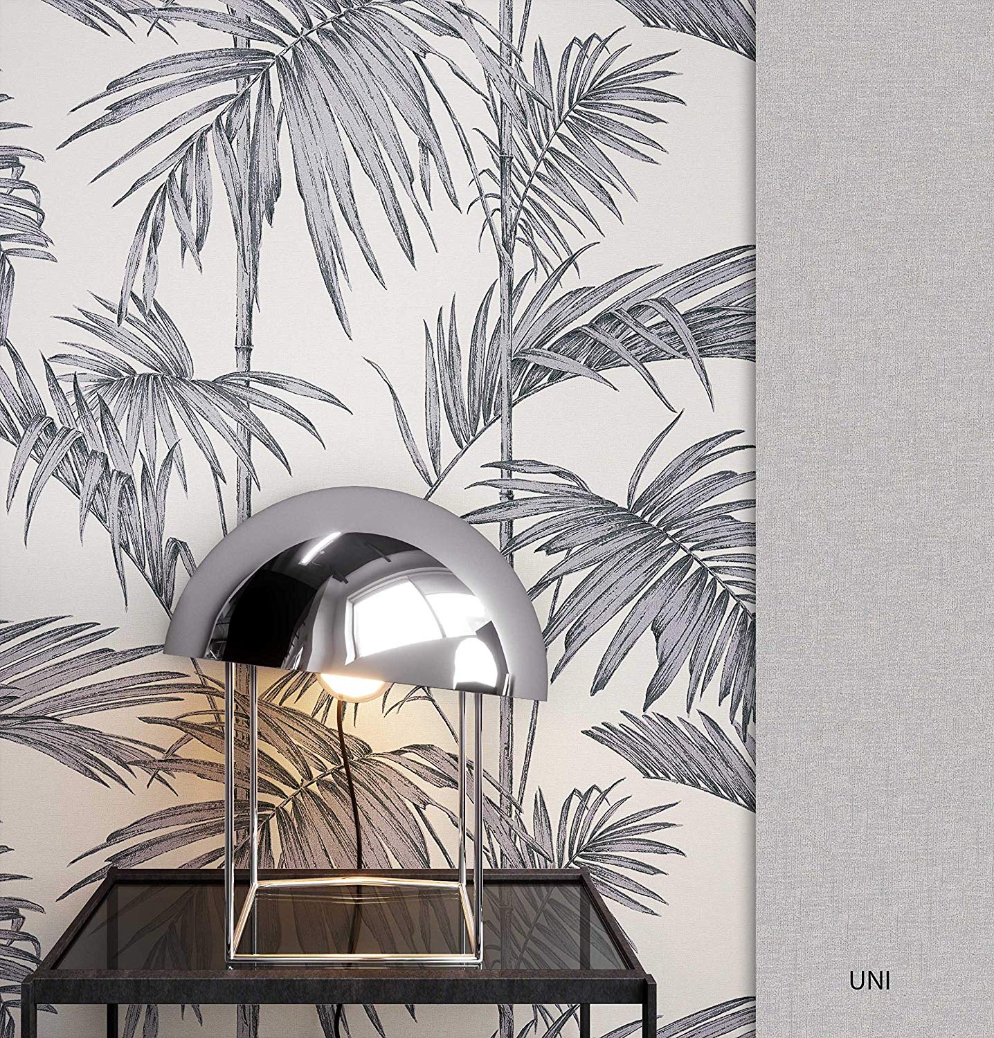 Newroom Flower Wallpaper Grey Palm Leaves Natural Non-Woven Wallpaper Metal