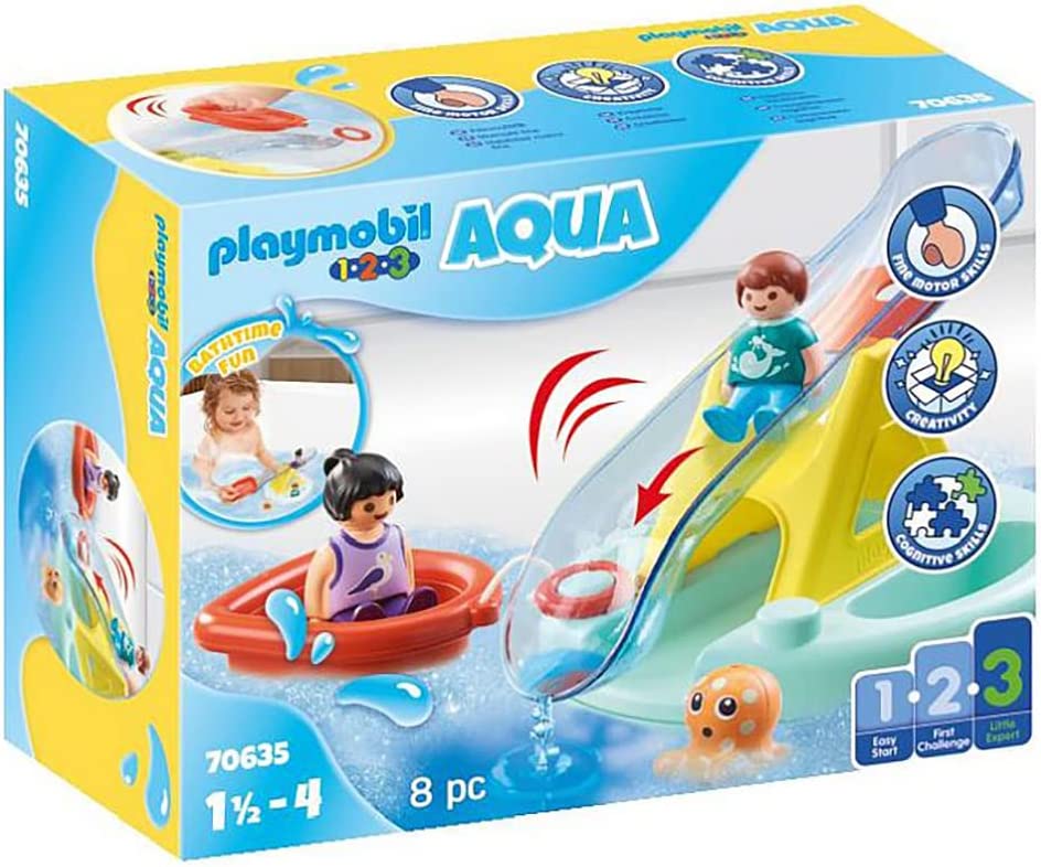 PLAYMOBIL 1.2.3 AQUA 70635 Bath Island with Water Slide, for Playing with Water and Floating Island, Boat and Octopus, First Toy for Children from 1.5 to 4 Years