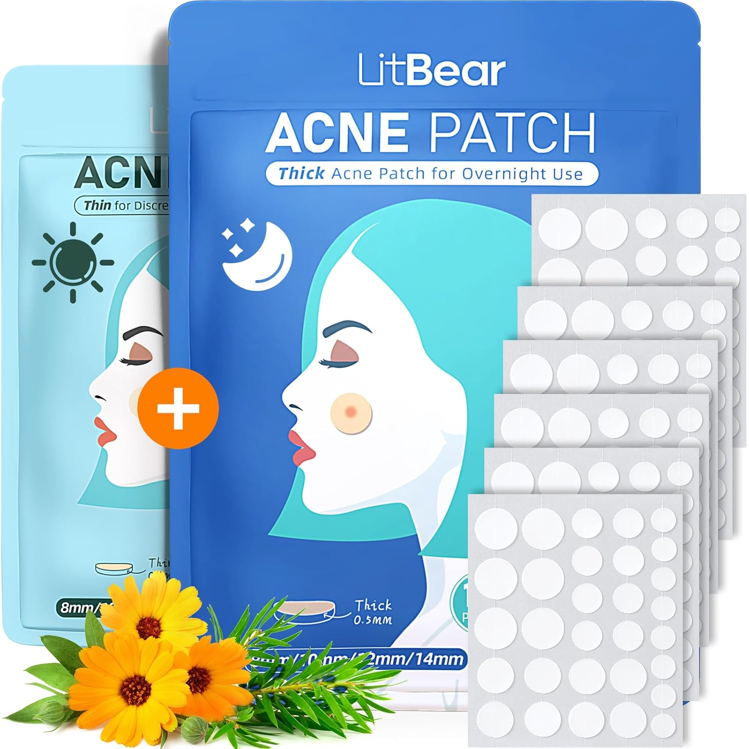 LitBear pimple patches, 4 sizes for day and night, 180 thin and thick hydrocolloid patches with witch hazel, tea tree oil and calendula oil, extra adhesion, acne patches for the face