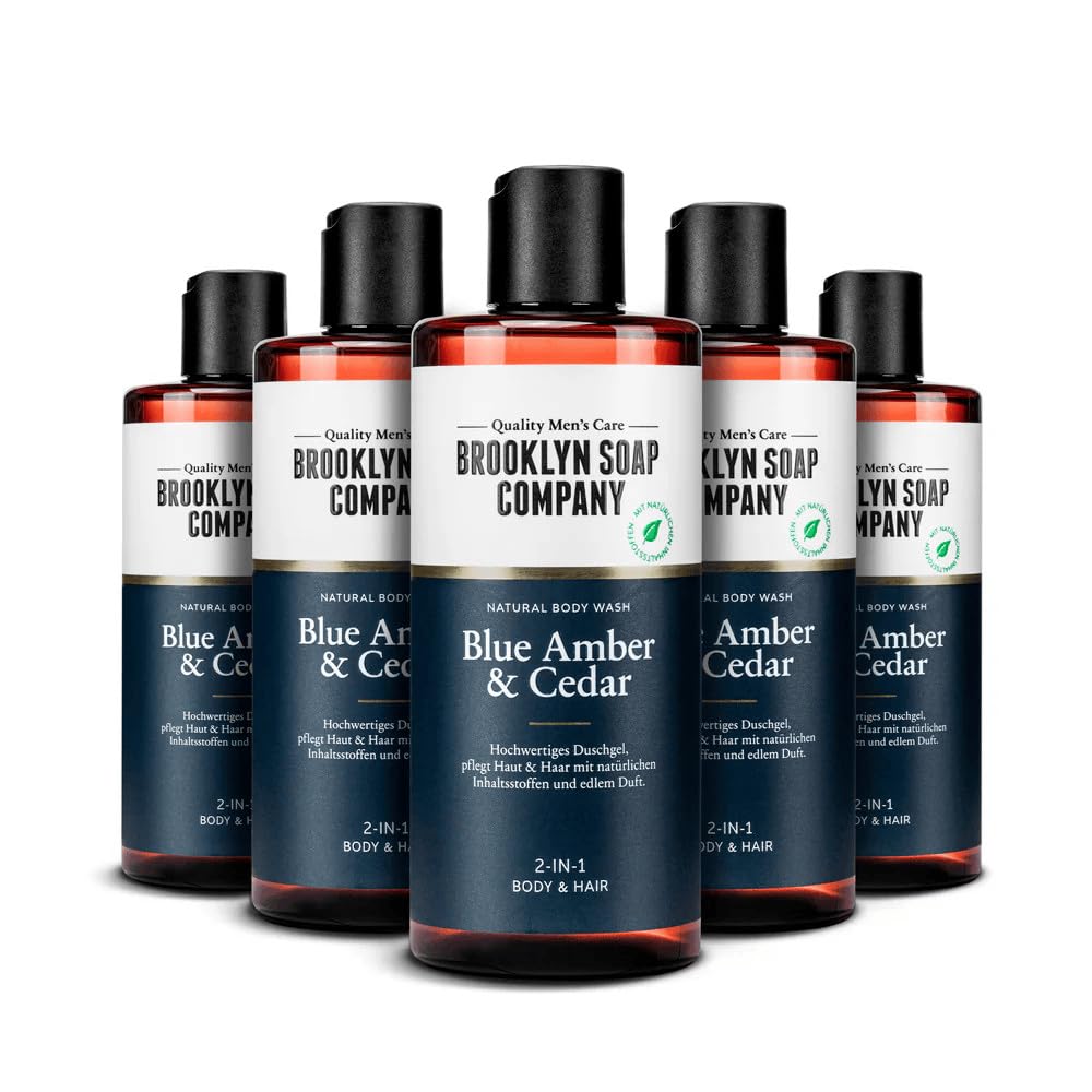 Brooklyn Soap Company Blue Amber & Cedar Body Wash Pack of 5 - 2-in-1 Shower Gel for Men for Skin and Hair - Shower Gel Value Pack for Men