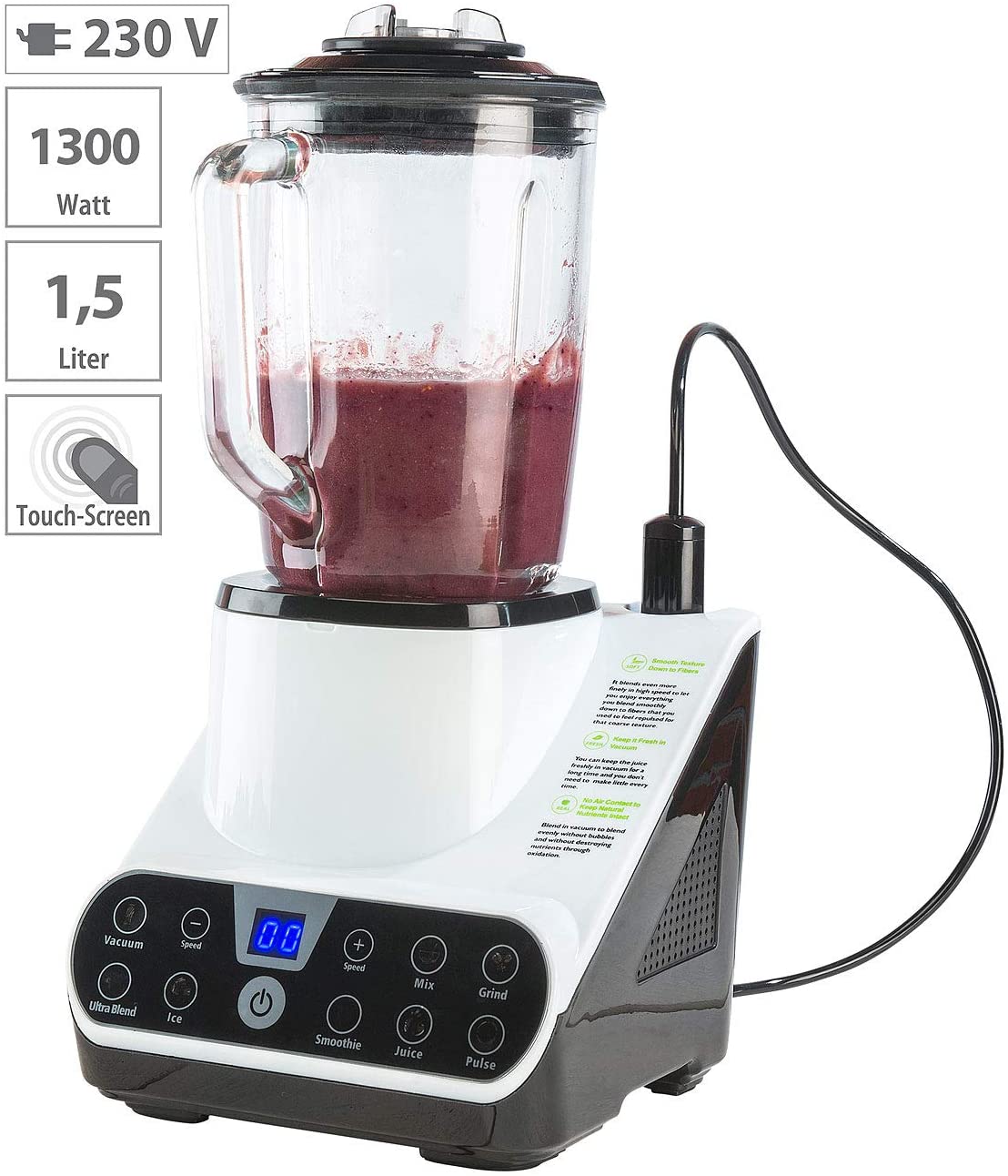 Rosenstein & Söhne Vacuum blender with vacuum function and LED touch display, 1.5 L, 1,300 W (vacuum sealer)