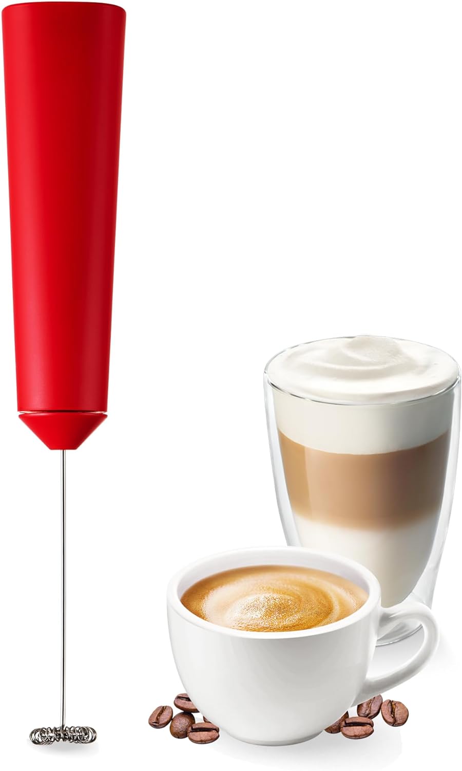 Tchibo Handheld Milk Frother Battery-Operated Dishwasher Safe Stainless Steel Whisk with Usb Charging Cable for Latte Macchiato, Cappuccino and Cocoa, Red