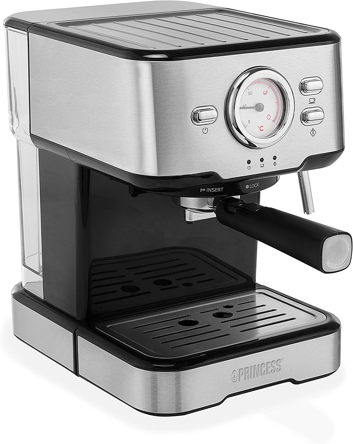 Princess 249412 Espresso and Capsule Machine, Stainless Steel, Also Milk Foam Variants such as Cappuccino, Latte and Espresso Macchiato, 20 Bar, Silver