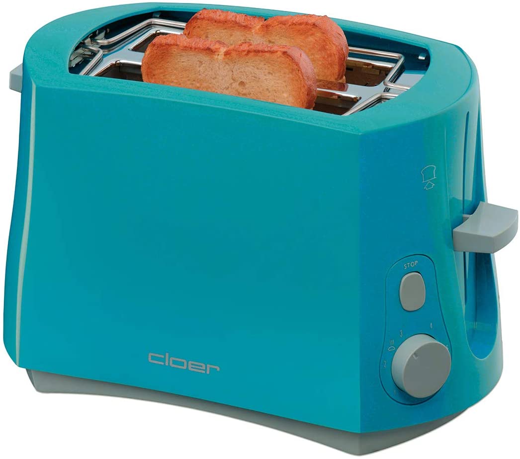 Cloer 3317-3 Cool Wall Toaster 825 W for 2 Slices of Toast, Integrated Bun Attachment, Crumb Drawer, Turquoise, Plastic