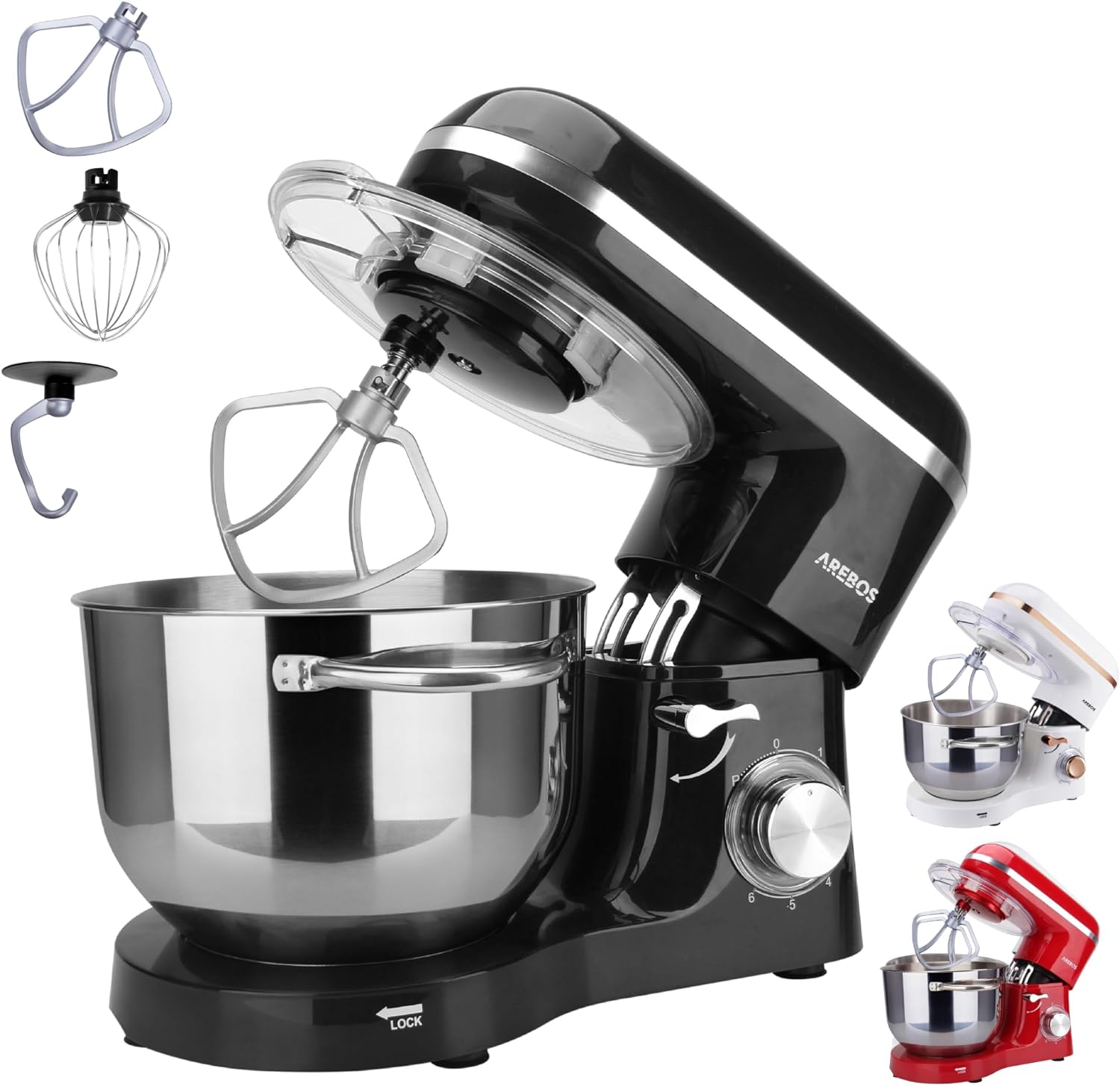 Arebos Stand Mixer 1500 W with 6 L stainless steel mixing bowl, incl. whisk, dough hook, flat beater and splash guard, 6 speed settings and pulse function