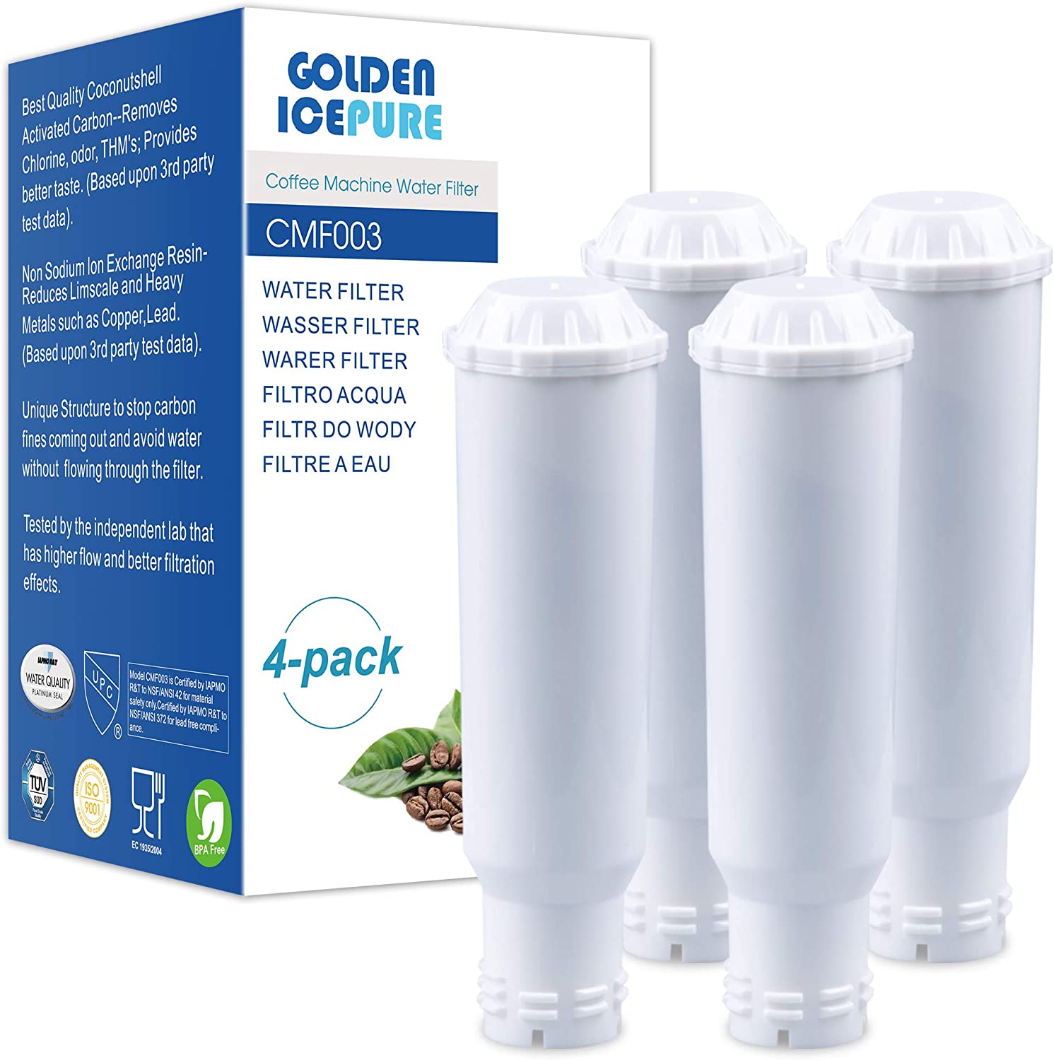 GOLDEN ICEPURE TÜV SÜD certified coffee filter, compatible with Krups Claris F088 Melitta Pro Aqua, fits many models from AEG, Bosch, Siemens, Nivona, Melitta 4 pieces from Golden Iceppure (invoice available)