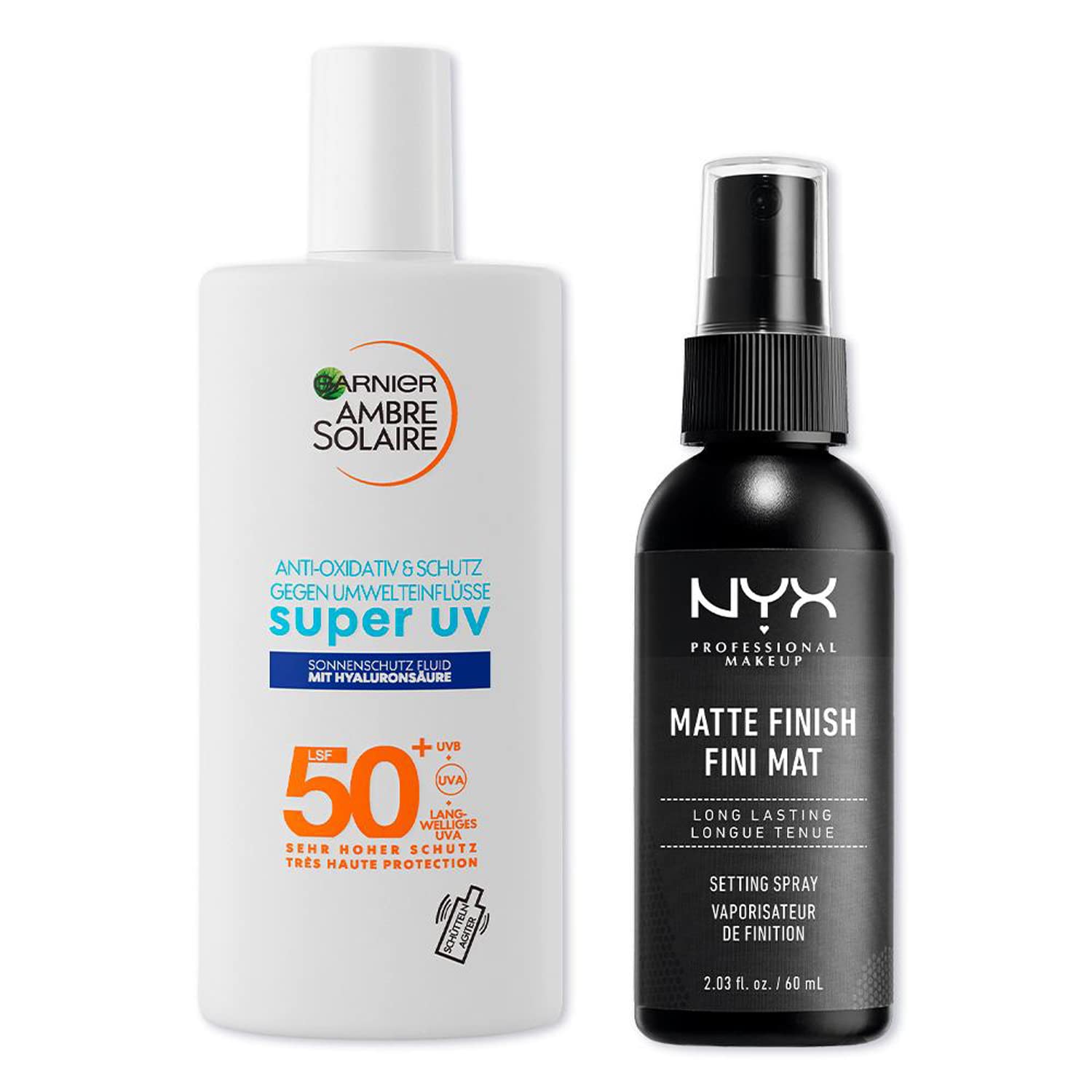Garnier and NYX Care & Fix Set, for Before and After Makup, with Garnier Super UV Sun Protection Fluid and NYX Matte Finish Setting Spray, for Protected Skin and a Long-Lasting Look, 2-Piece