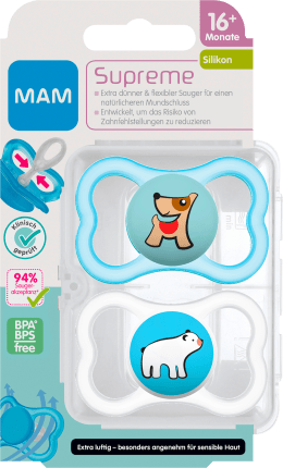 MAM Pacifier Supreme silicone, blue/white, from 16 months, 2 pcs
