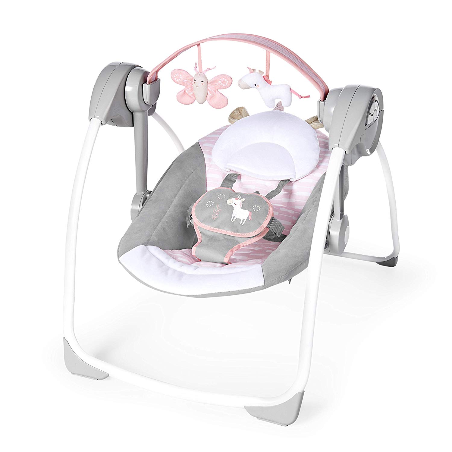 Ingenuity, Flora the Unicorn Portable Baby Swing & Baby Rocker - 6 Rocking Speeds, 3 Timer Settings, 12 Soothing Melodies, Newborn 0-9 Months, 9 kg Max, Pink