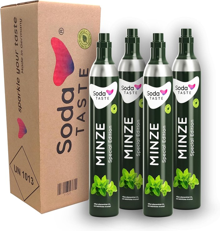 SodaTASTE CO2 Buying Cylinder 4 Pack (Reserve Cylinder) for Water Carbonators with Natural Mint Flavor, No Syrup, for up to 240 L of Sparkled Water with Flavor, Sugar-Free