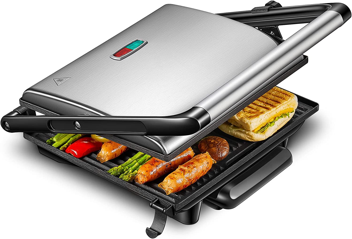 YYNN 2000 W Contact Grill Panini Maker, Sandwich Toaster, Electric Grill for Panini, Toasts and Steak Non-Stick Coated Plates 32 cm x 26 cm, Stainless Steel Housing, Silver
