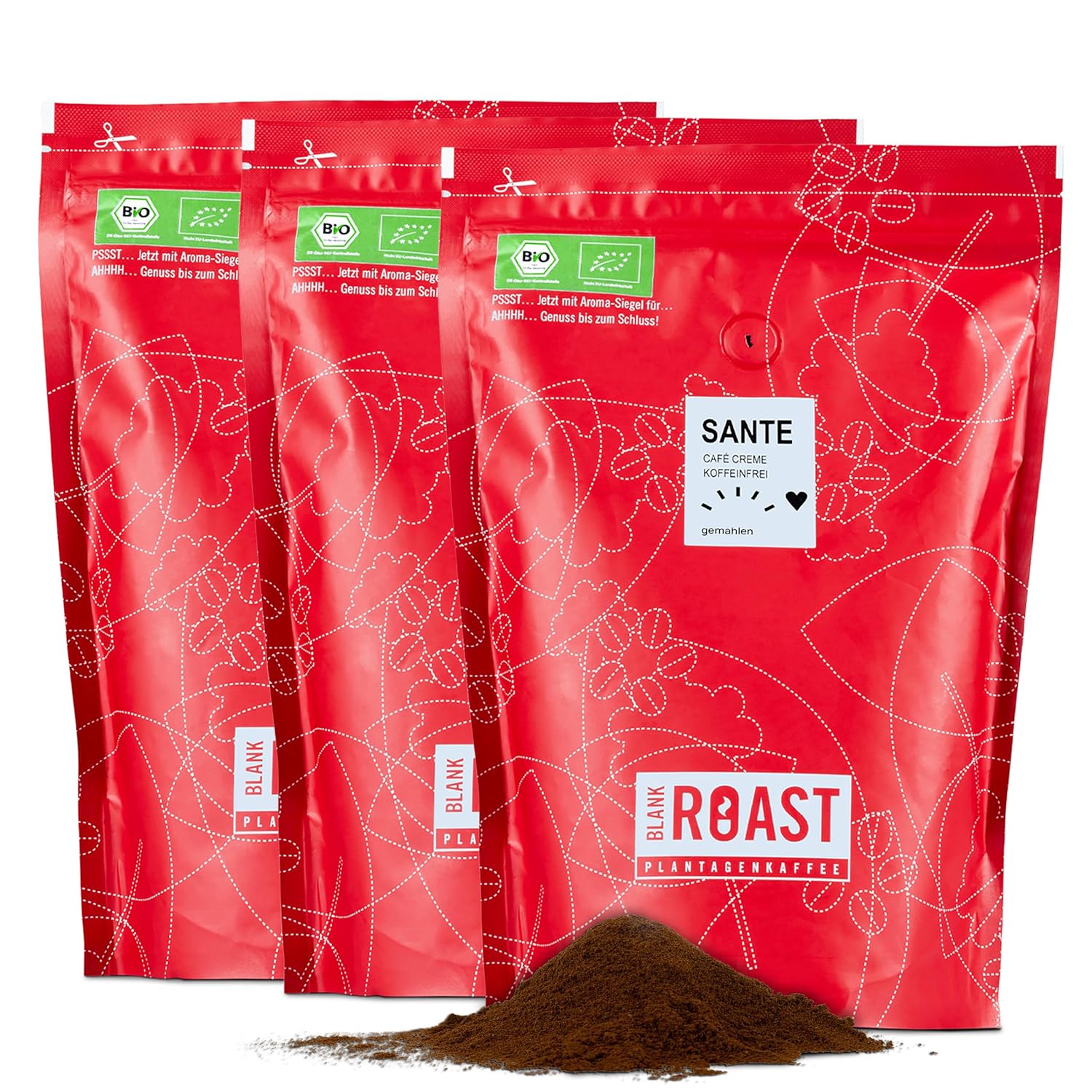 Blank Roast - SANTE - 1 kg (Pack of 3) - Organic Coffee Ground & Caffeine-free - 100% Arabica from Peru - Gentle & Environmentally Friendly Decaffeinated - Low Acid with Full Crema - For Any Type of