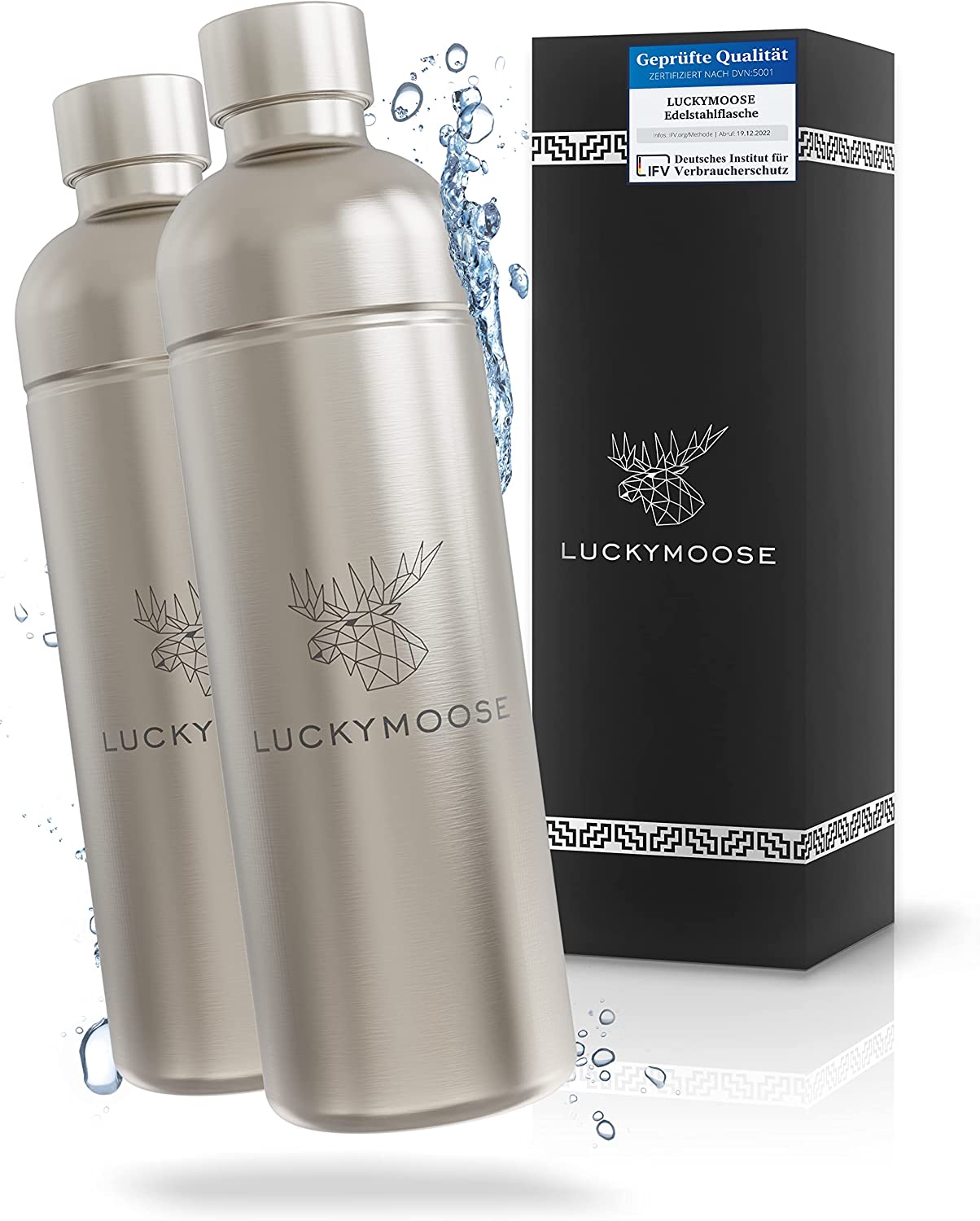 Luckymoose® 2x stainless steel bottle 1L compatible with Aarke & Philips water bubble - premium stainless steel drinking bottle, ideal for home, outdoor & office (2x stainless steel)