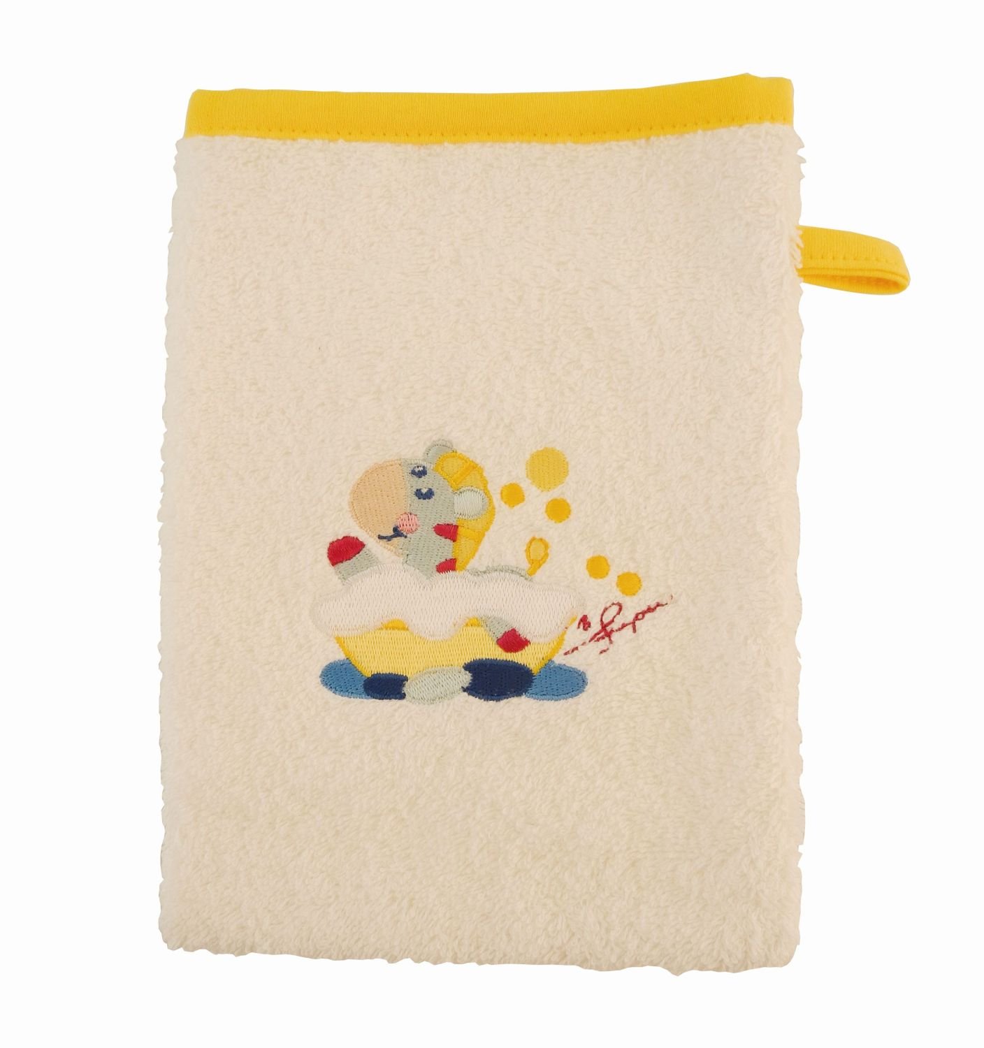 Bieco Baby Washing Glove, Beige with Rim and Motif Approximately 22 x 17, 100% Cotton yellow