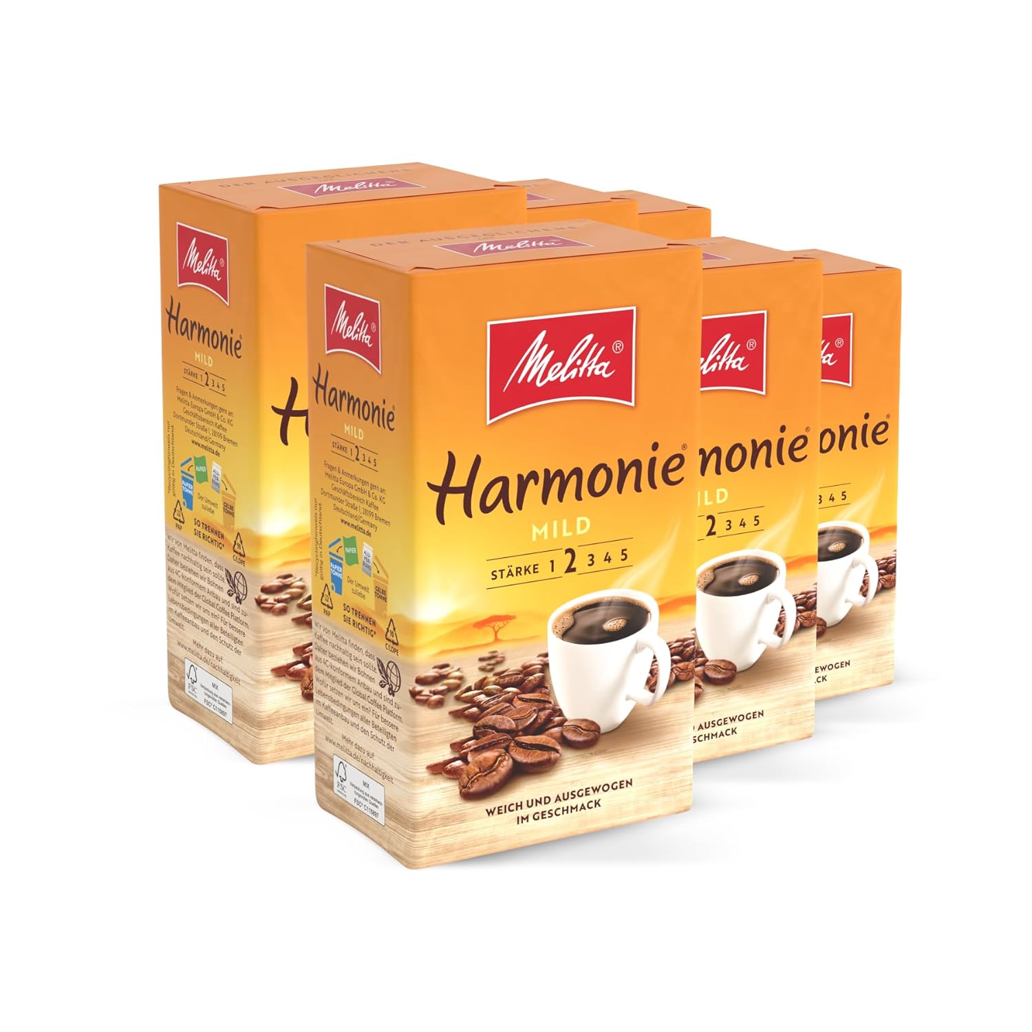 Melitta Harmonie Mild Filter Coffee 6 x 500 g, Ground, Powder for Filter Coffee Machines, Mild Roasting, Roasted in Germany, in Tray