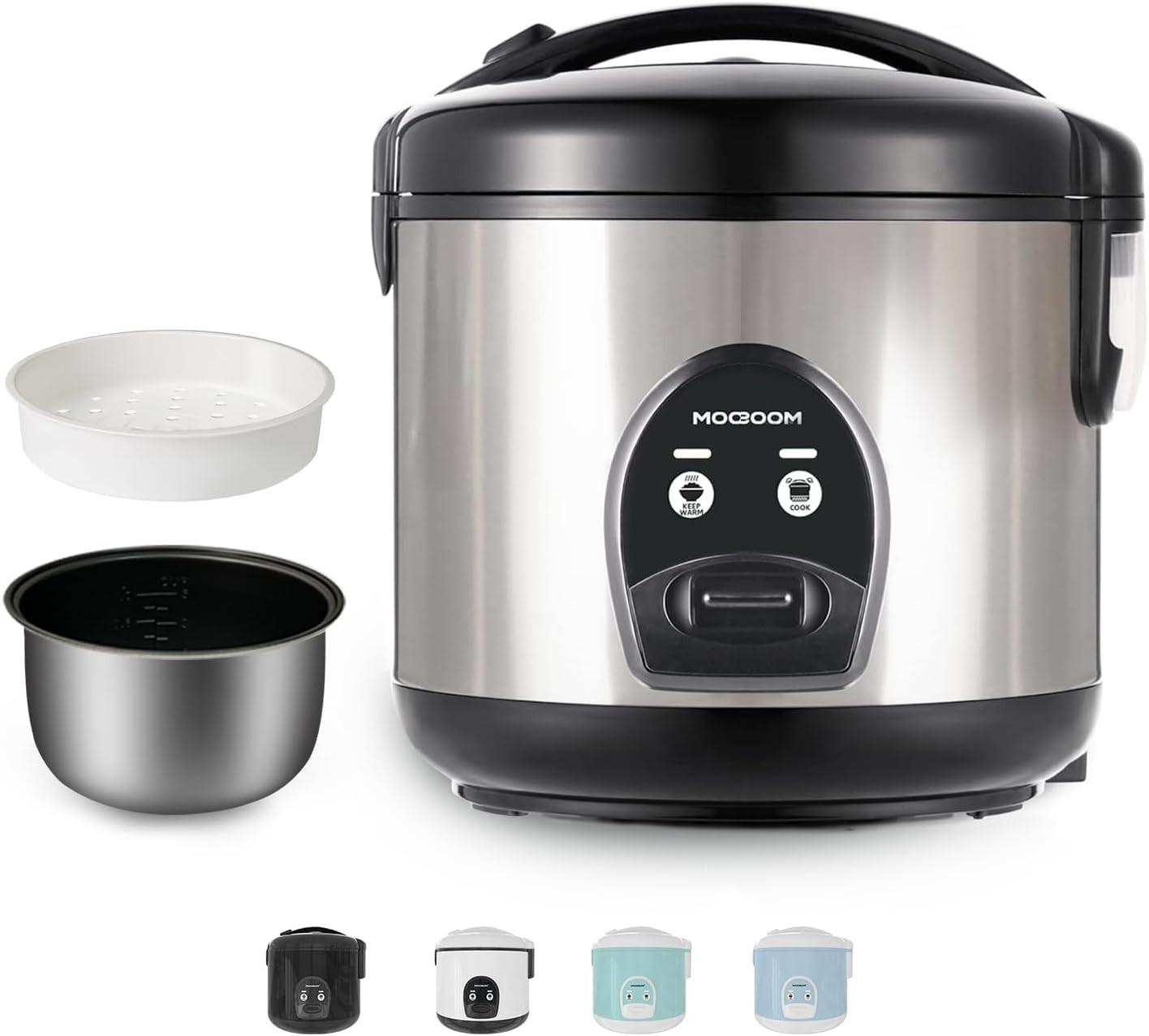 MOOSUM Rice Cooker with Ceramic Coating - 1.8 L Large Capacity - For 2-10 People - Includes Steamer - Keep Warm Function, Rice Spoon and Measuring Cup - Silver