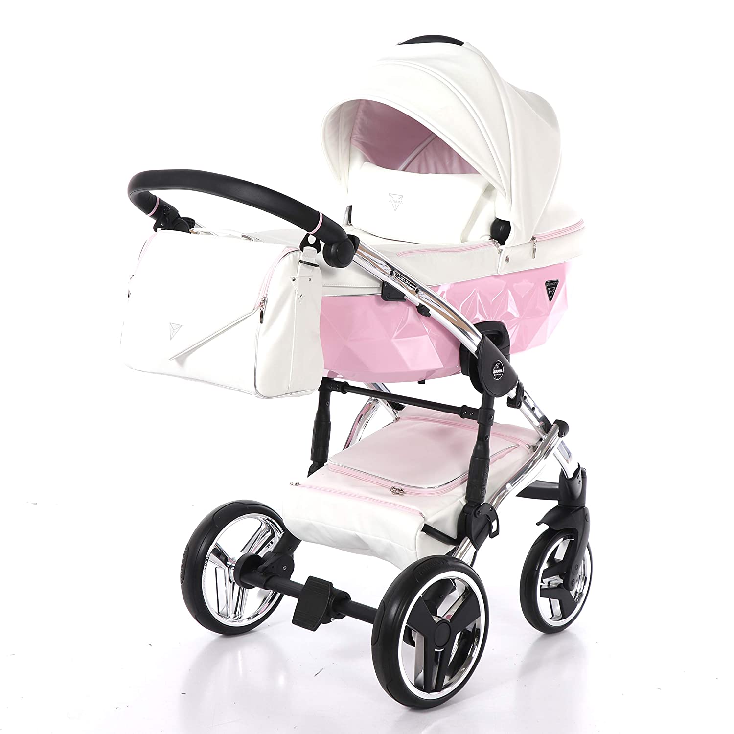 Combi Children\'s Pram Set JUNAMA CANDY Pushchair Buggy Baby Seat + Accessories (Junama Candy 01 White Leather - Pink, 3-in-1)