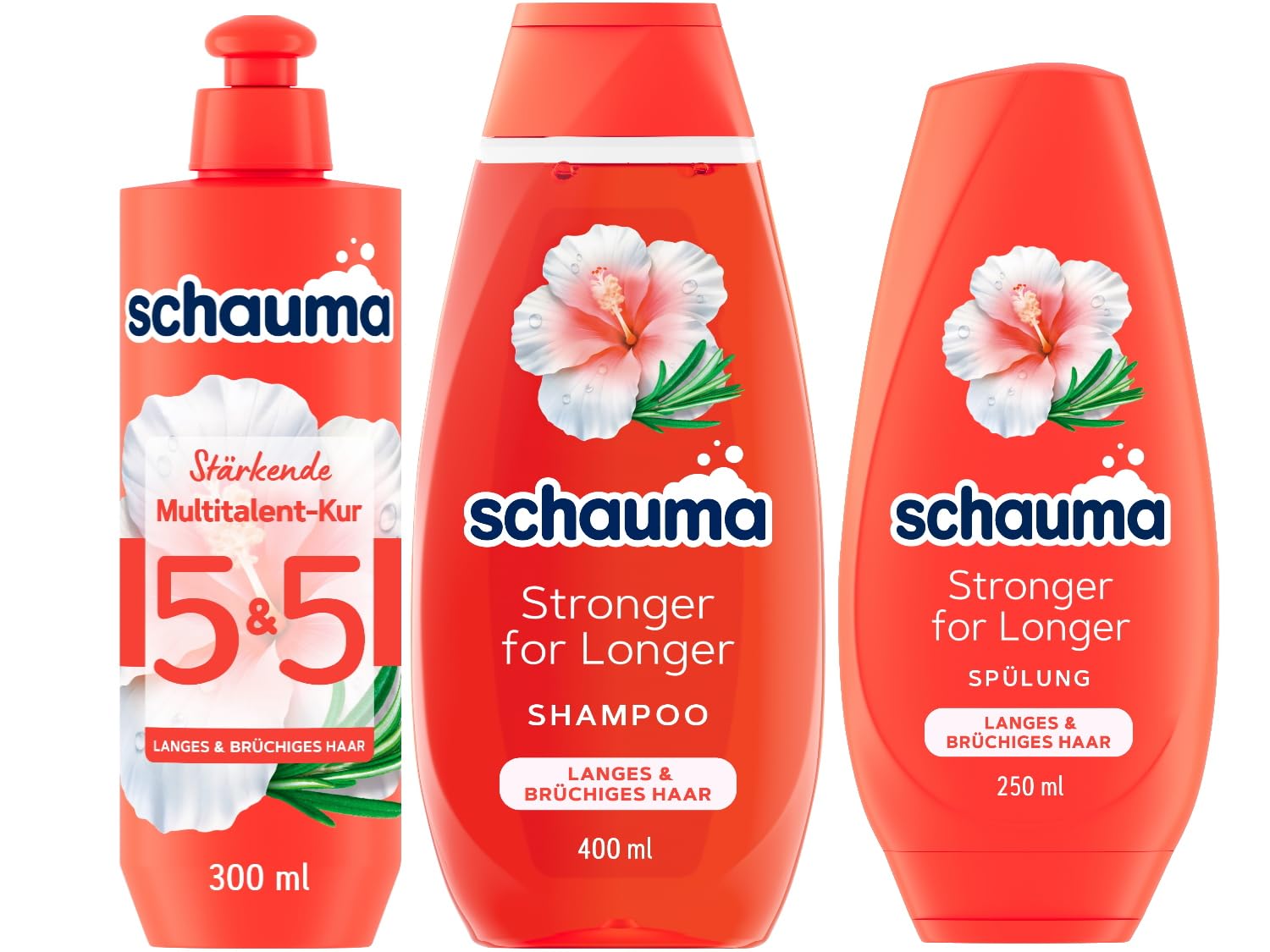 SCHAUMA Strengthening Shampoo Stronger for Longer (400 ml) & Conditioner (250 ml) & 5&5 Multitalent Treatment (300 ml) Strengthens Long Hair, Rosemary & Hibiscus, Heat Protection for Intensive Care &