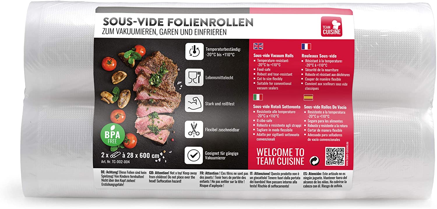 TEAM CUISINE Sous-vide Foil Rolls Vacuum Bags | 2 Rolls of Vacuum Foil Each 28 x 600 cm | Tear-Resistant Flexible Cut to Size | Food Safe | Suitable for Cooking and Freezing for Vacuum Sealer Devices