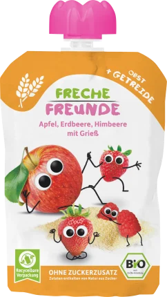 FRECHE FRIENDE Squeeze apple, strawberry, raspberry with semolina, 100 g