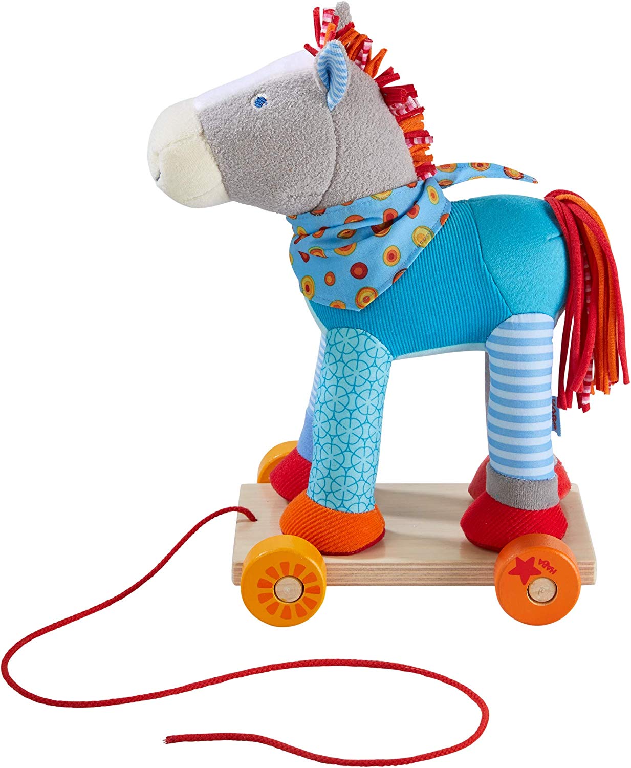 Haba 304142 Colourful Horse Pull On Toy With Rolling Board And Cuddly Toy, 