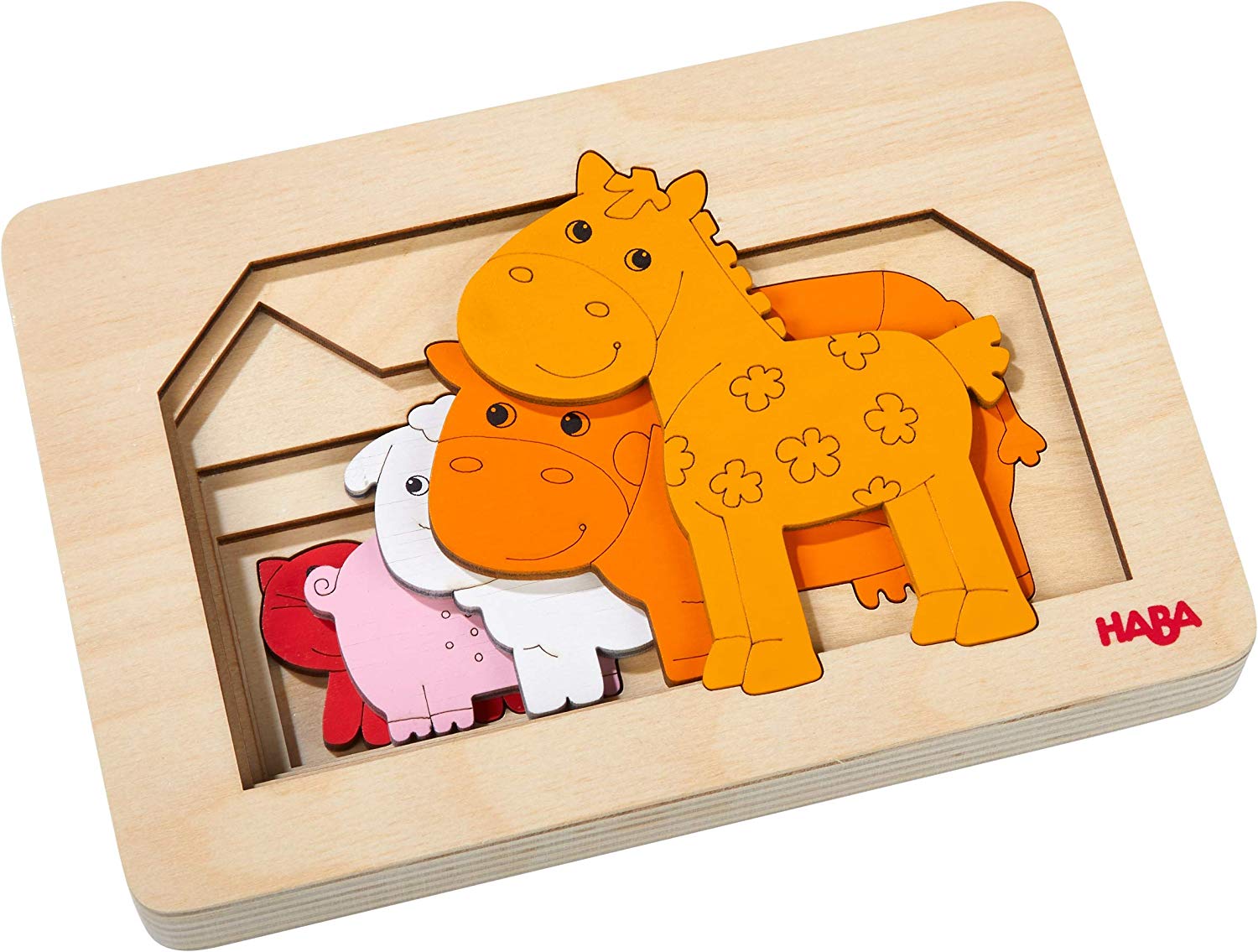 Haba 304611 Wooden Puzzle Farm Animals 5-Piece Layer Puzzle With Animal Mot