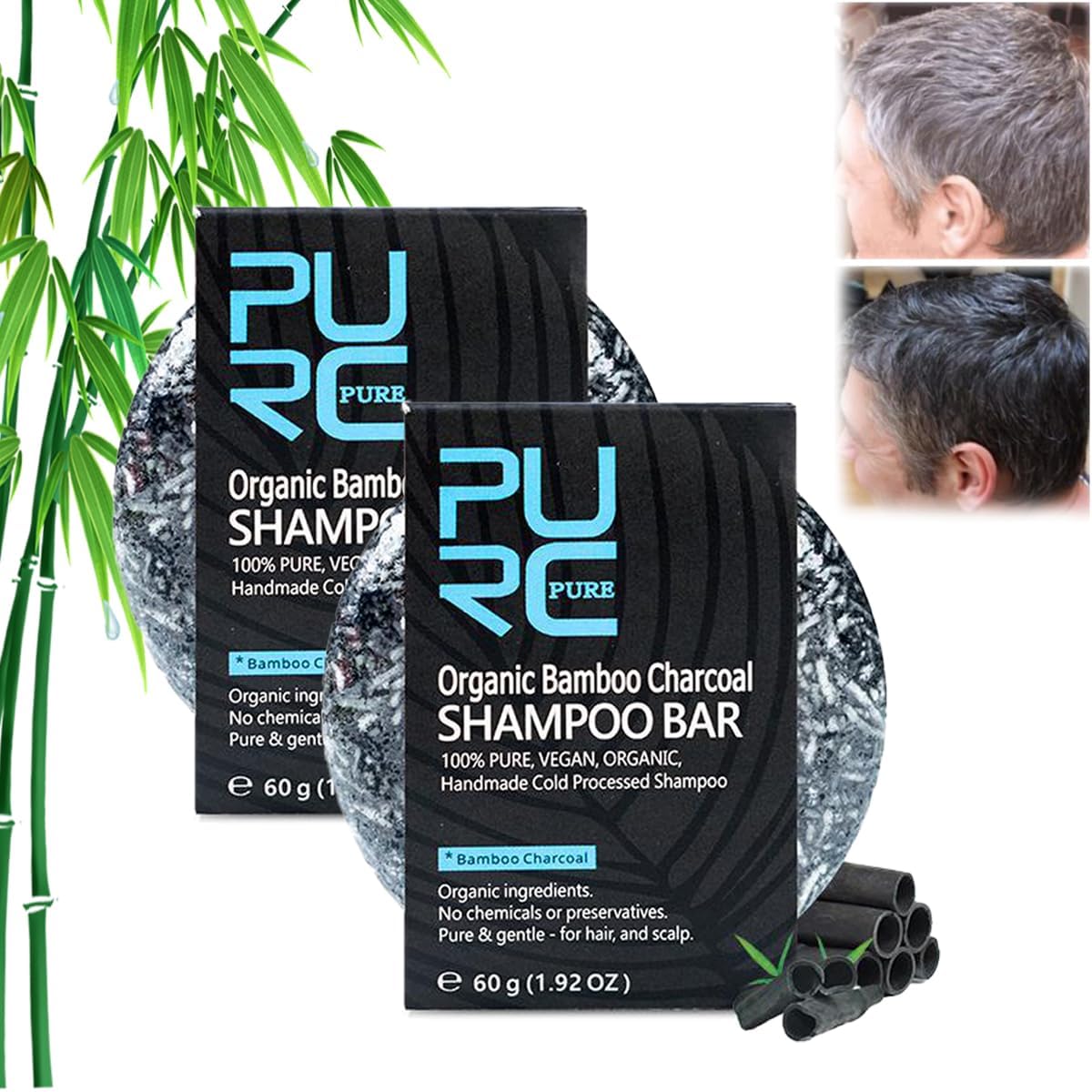 Pure Hair Revitalization Bar for Men, Pure Organic Bamboo Charcoal Shampoo Bar, Pure Hair Revitalization Bar Soap for Gray, Reverse Darkening Shampoo, Gray Repair, Pure Shampoo Bar (2 Pieces)