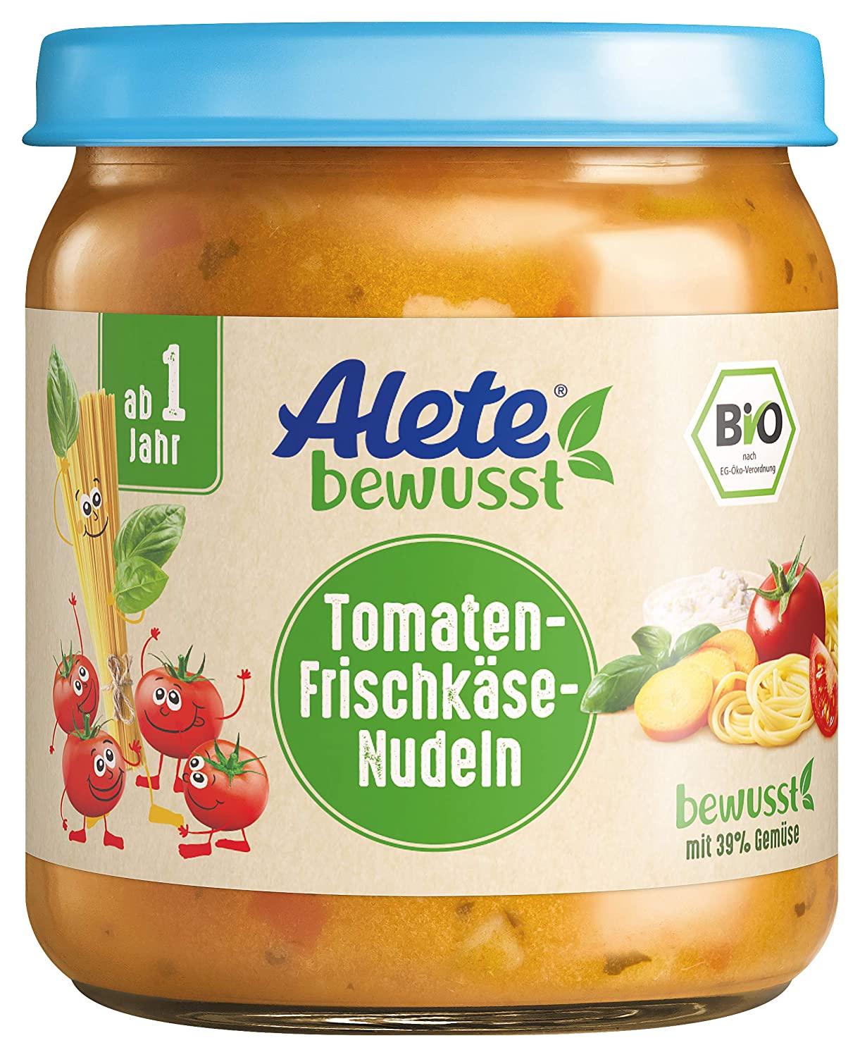 Alete Bio Gläschen Tomaten-Frischkäse-Nudeln, Babynahrung in Bio-Qualität, ohne Zusatz von Aromastoffen & Zucker, Menü ab 1 Jahr, 6er Pack (6 x 250 g) 70321