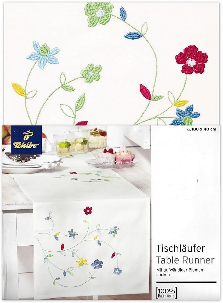 Tchibo Tcm Table Runner Intricate Floral Embroidery Cotton White 180 x 40 cm