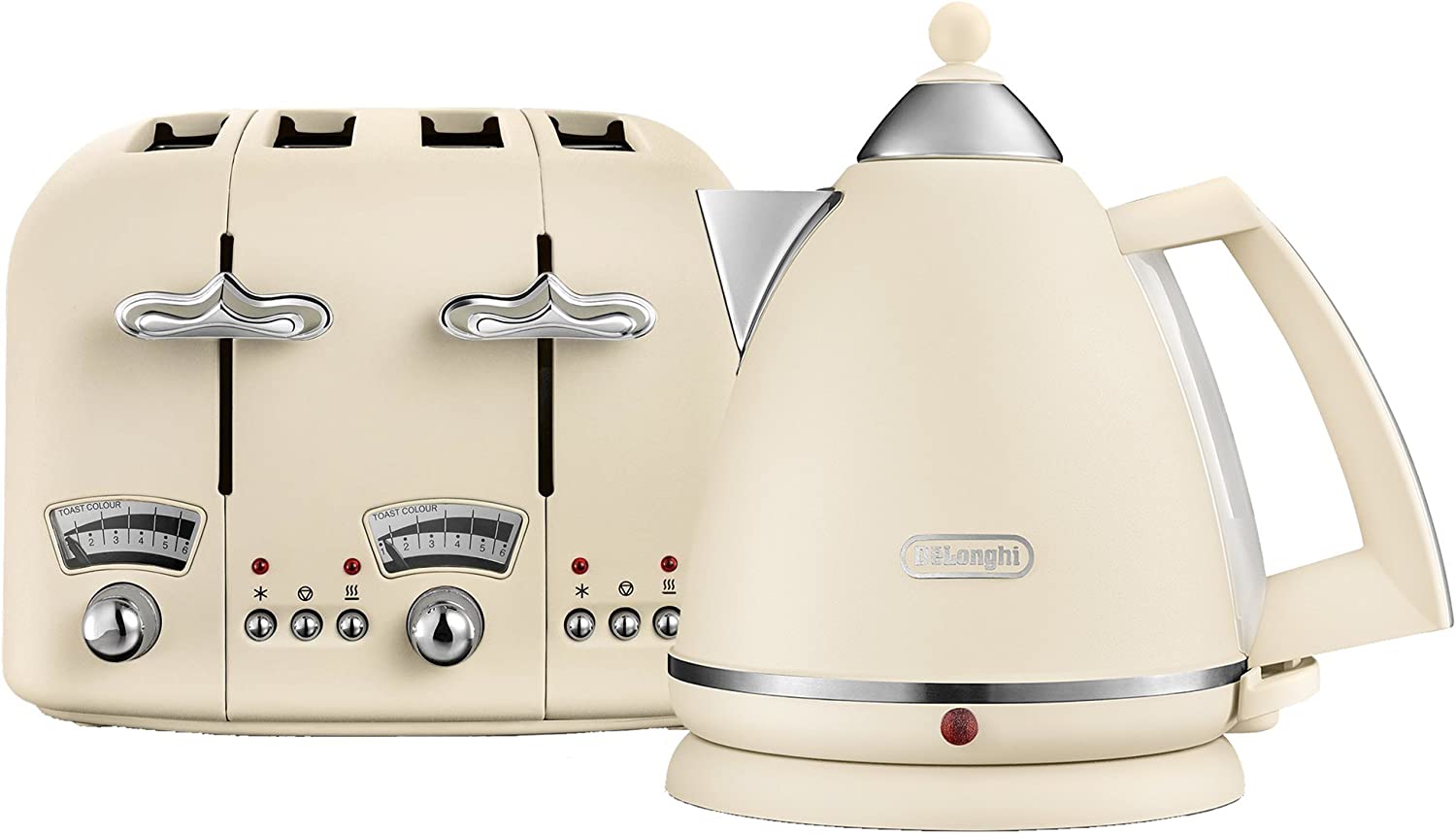 De\'Longhi KBX3016 Argento Flora Kettle (3 kW) and CTO4 Toaster with 4 Panes (1800 W), beige