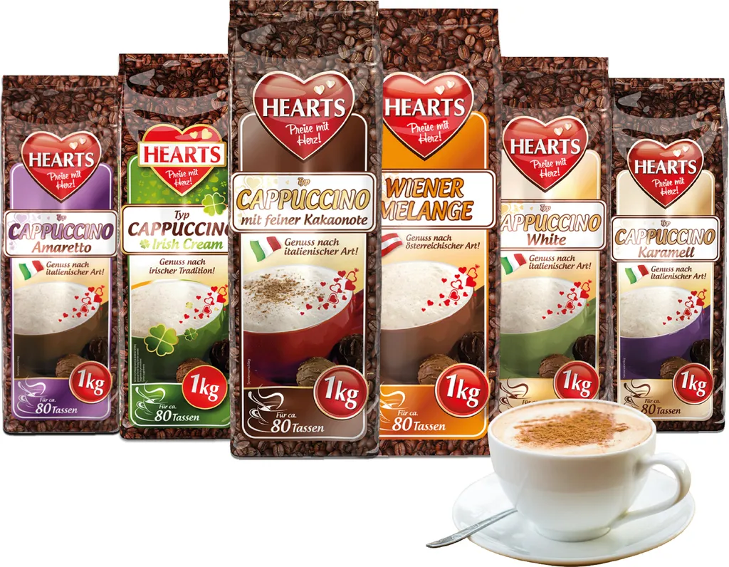 HEARTS Cappuccino Mix, 6er Probierpaket á 1kg (Wiener Melange, Irish Cream, Amaretto, Karamell, White & mit feiner Kakaonote) Familienpackung