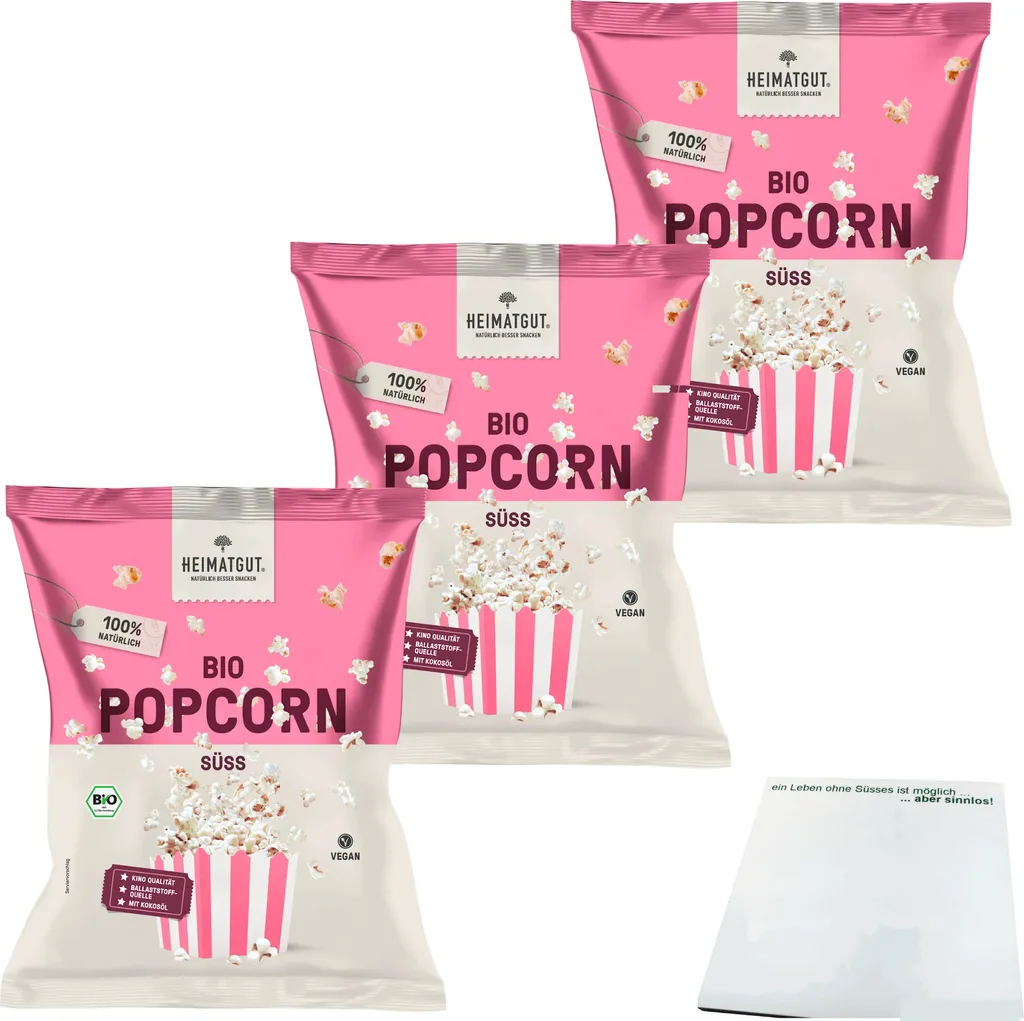 Heimatgut Popcorn Süß 3er Pack (3x90g Beutel) + usy Block