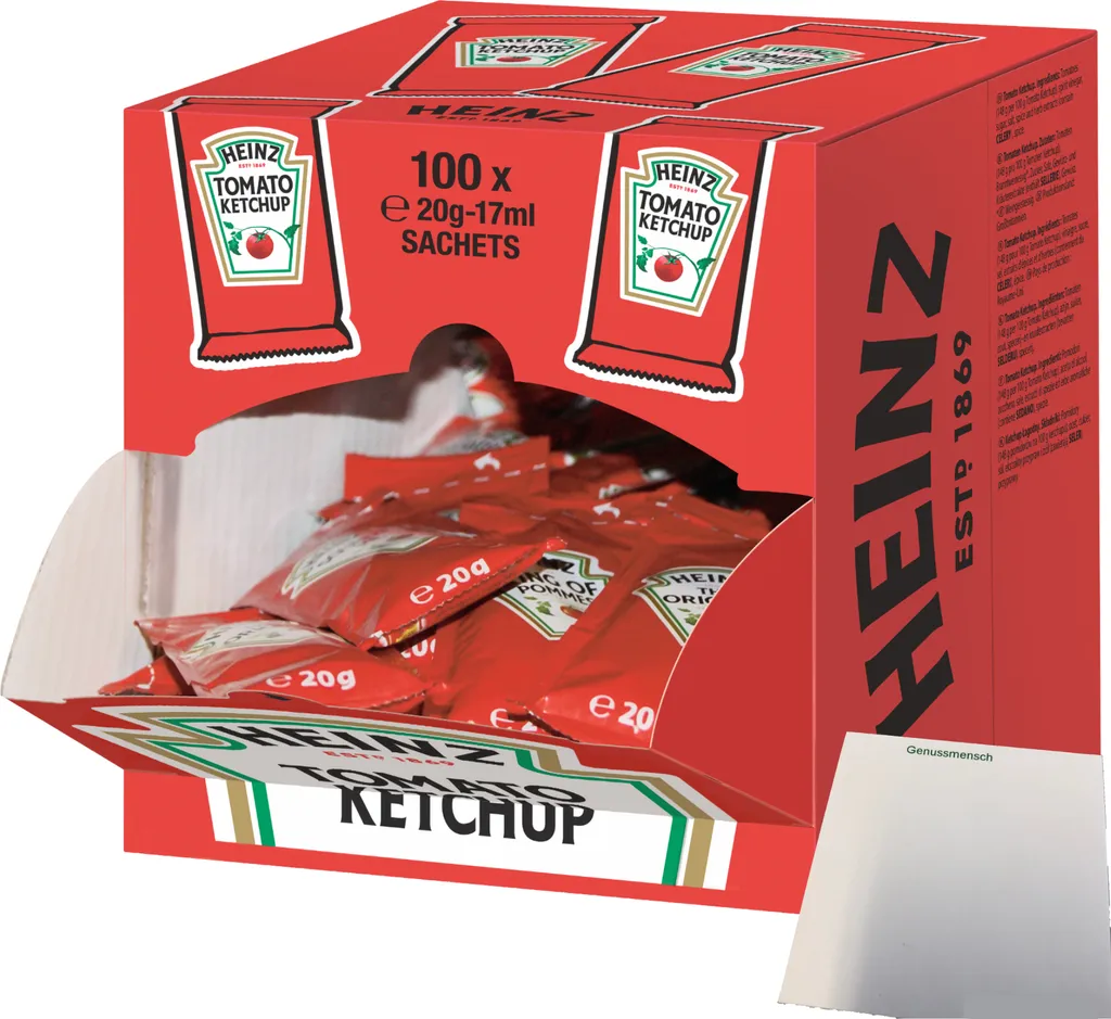 Heinz Tomato Ketchup in Portionsbeuteln (100x17ml Karton) + usy Block