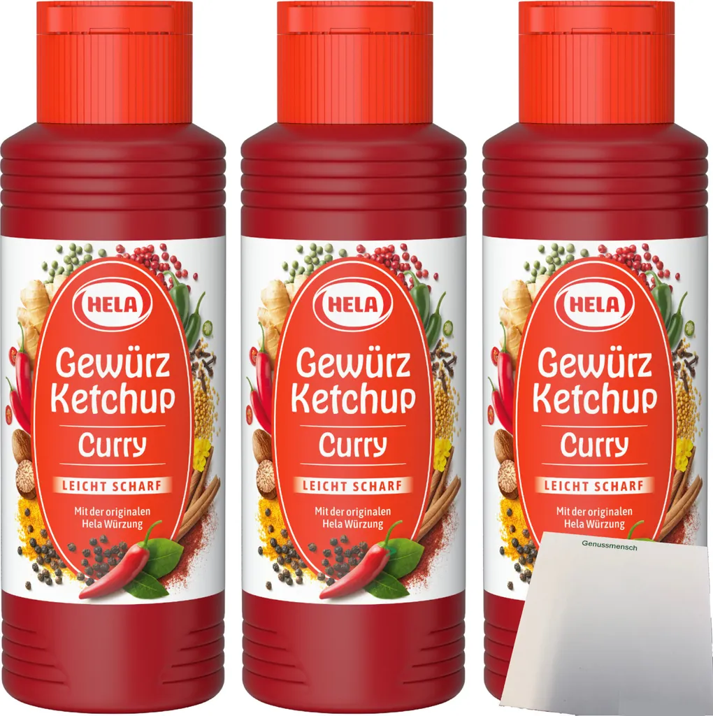 Hela Curry Gewürz Ketchup leicht scharf 3er Pack (3x300ml Flasche) + usy Block