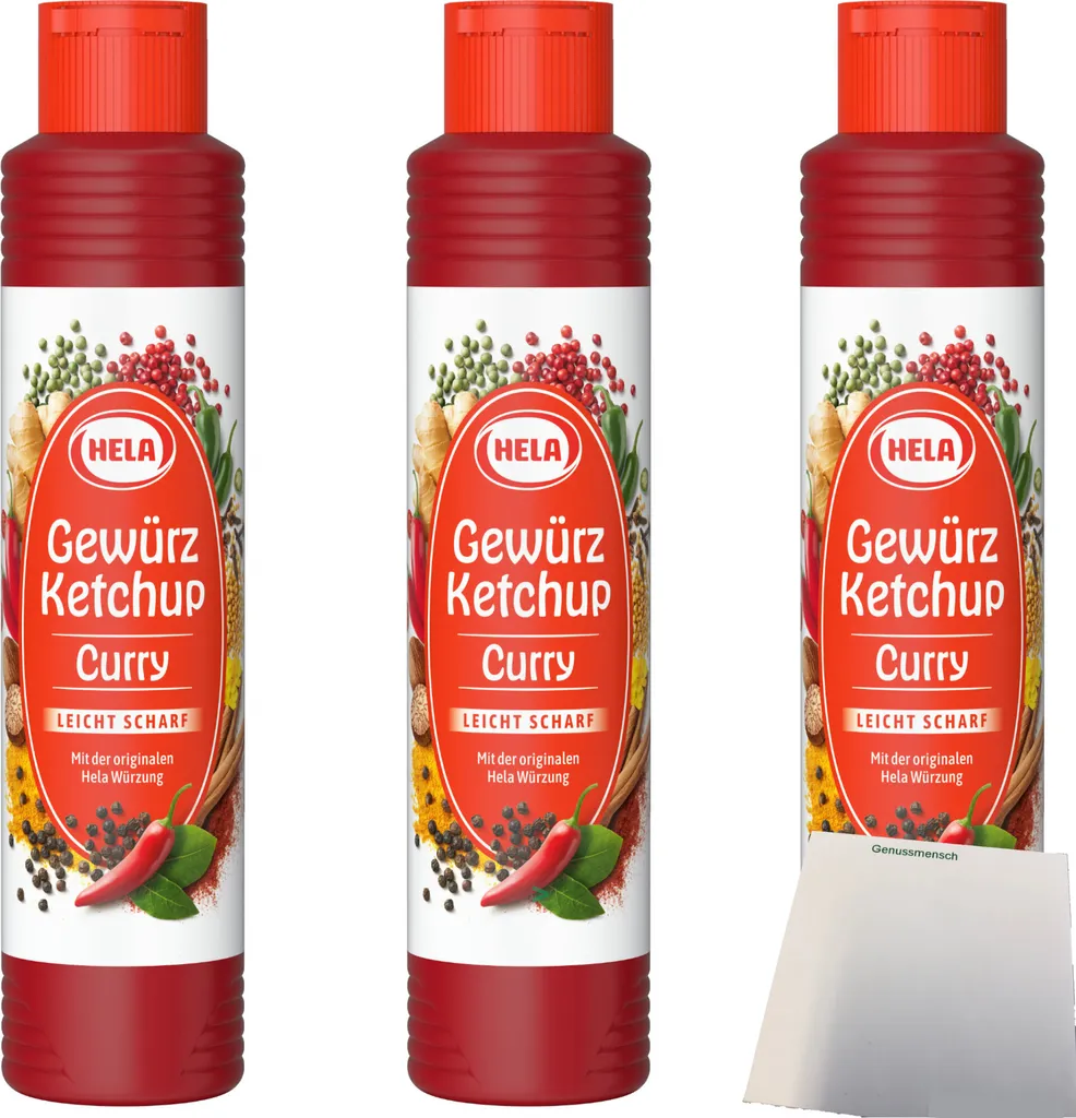 Hela Curry Gewürz Ketchup leicht scharf 3er Pack (3x800ml Flasche) + usy Block