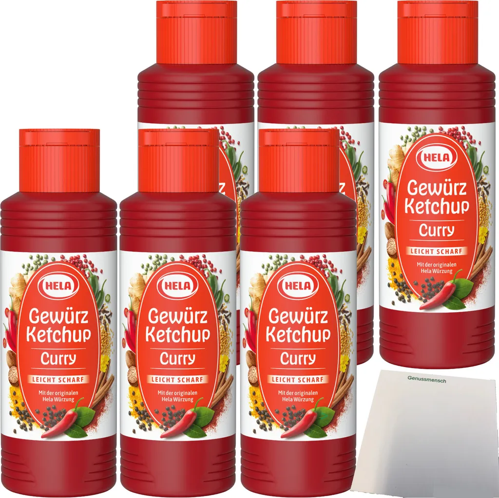 Hela Curry Gewürz Ketchup leicht scharf 6er Pack (6x300ml Flasche) + usy Block