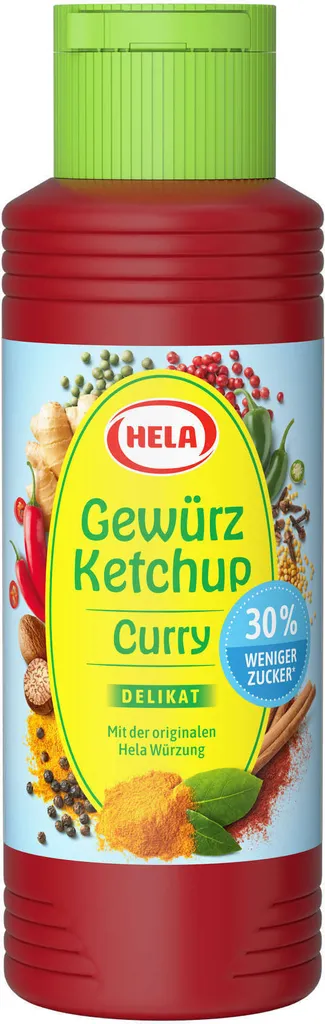 Hela Ketchup Curry delikat 30% weniger Zucker Gewürzketchup 300 ml Flasche